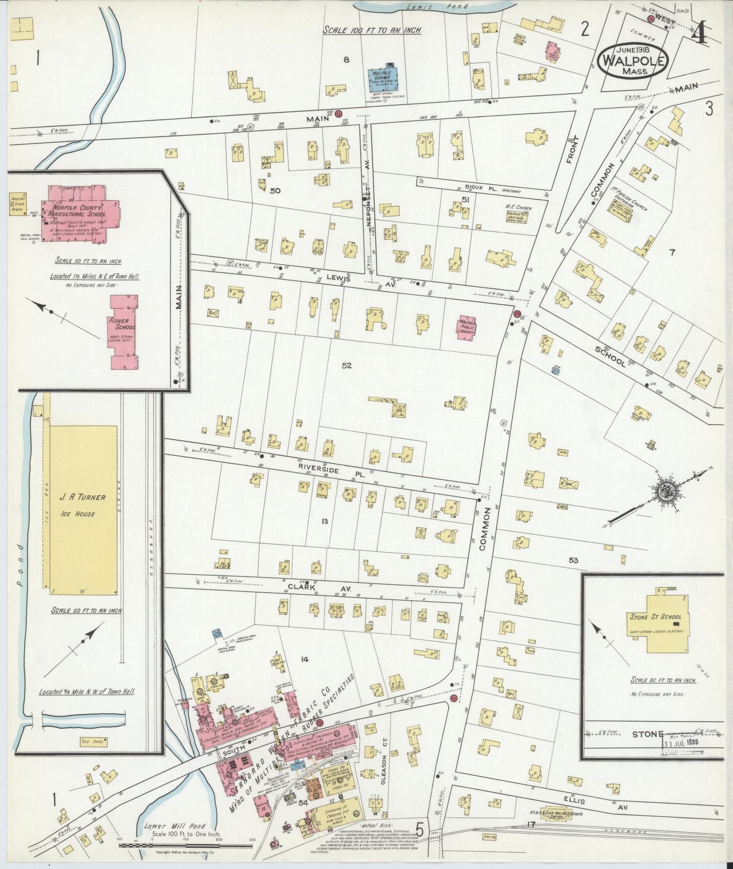 Sanborn Fire Insurance Map from Walpole, Norfolk County, Massachusetts (1918), Sheet #0004 - Historic Sanborn Fire Insurance Map Print, vintage old map wall art, antique decor, genealogy gift, Massachusetts Massachusetts map
