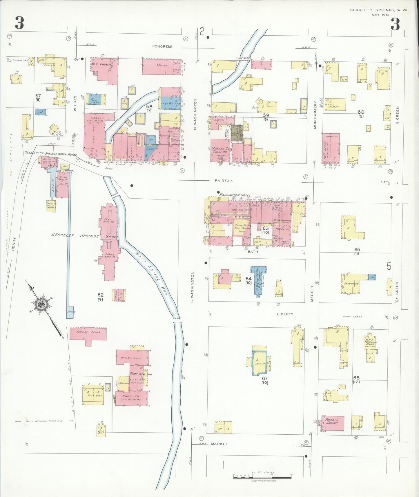 Sanborn Fire Insurance Map from Berkeley Springs, Morgan County, West Virginia (1941), Sheet #0003 - Historic Sanborn Fire Insurance Map Print, vintage old map wall art, antique decor, genealogy gift, West Virginia West Virginia map