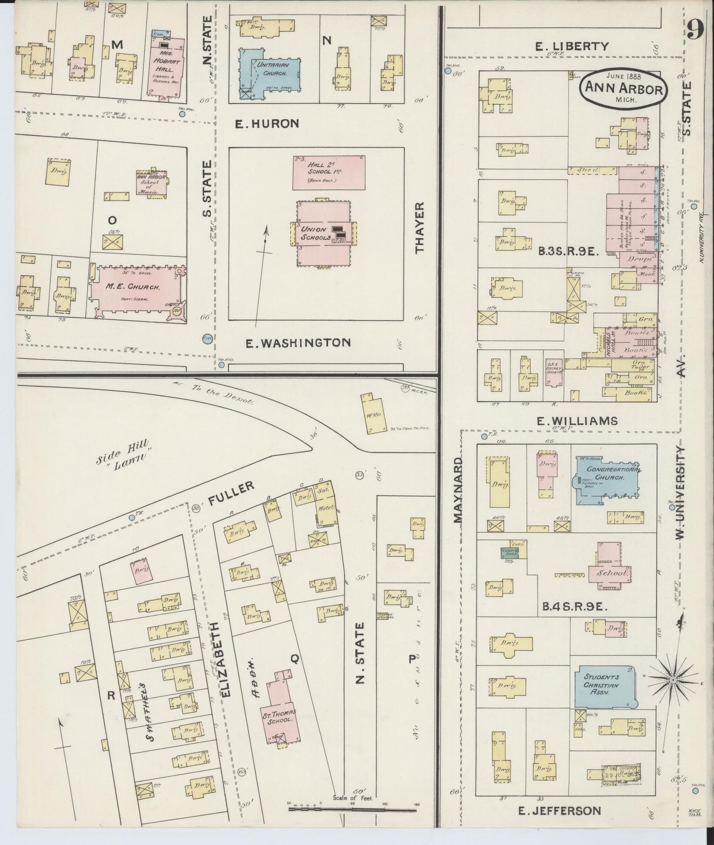 Sanborn Fire Insurance Map from Ann Arbor, Washtenaw County, Michigan (1888), Sheet #0009 - Historic Sanborn Fire Insurance Map Print, vintage old map wall art, antique decor, genealogy gift, Michigan Michigan map