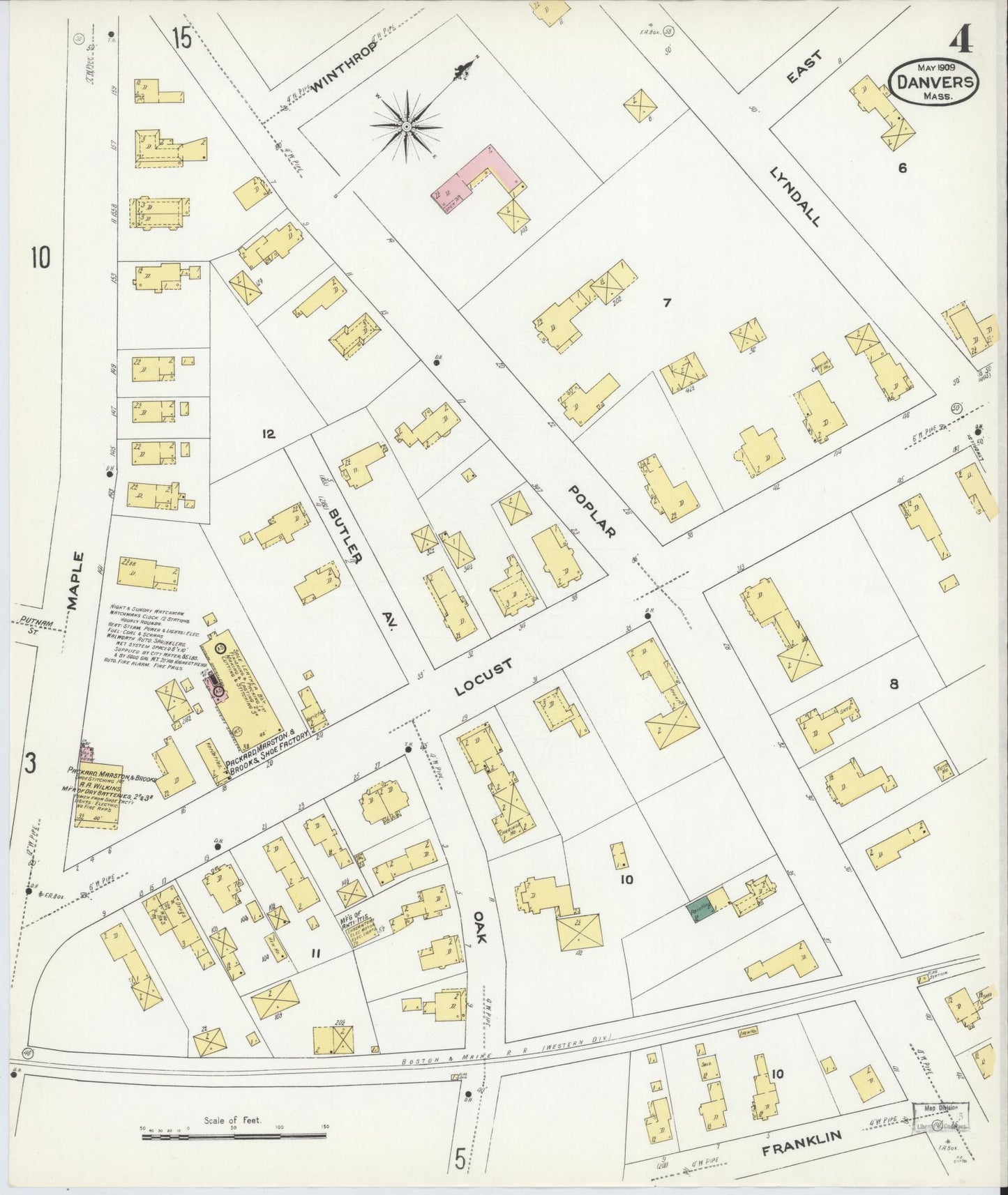 Sanborn Fire Insurance Map from Danvers, Essex County, Massachusetts (1909), Sheet #0004 - Historic Sanborn Fire Insurance Map Print, vintage old map wall art, antique decor, genealogy gift, Massachusetts Massachusetts map