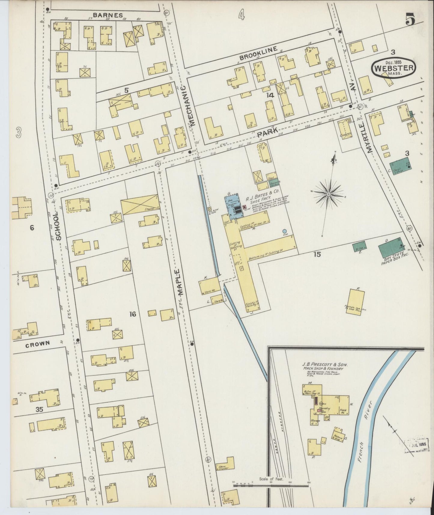 Sanborn Fire Insurance Map from Webster, Worcester County, Massachusetts (1893), Sheet #0005 - Historic Sanborn Fire Insurance Map Print, vintage old map wall art, antique decor, genealogy gift, Massachusetts Massachusetts map