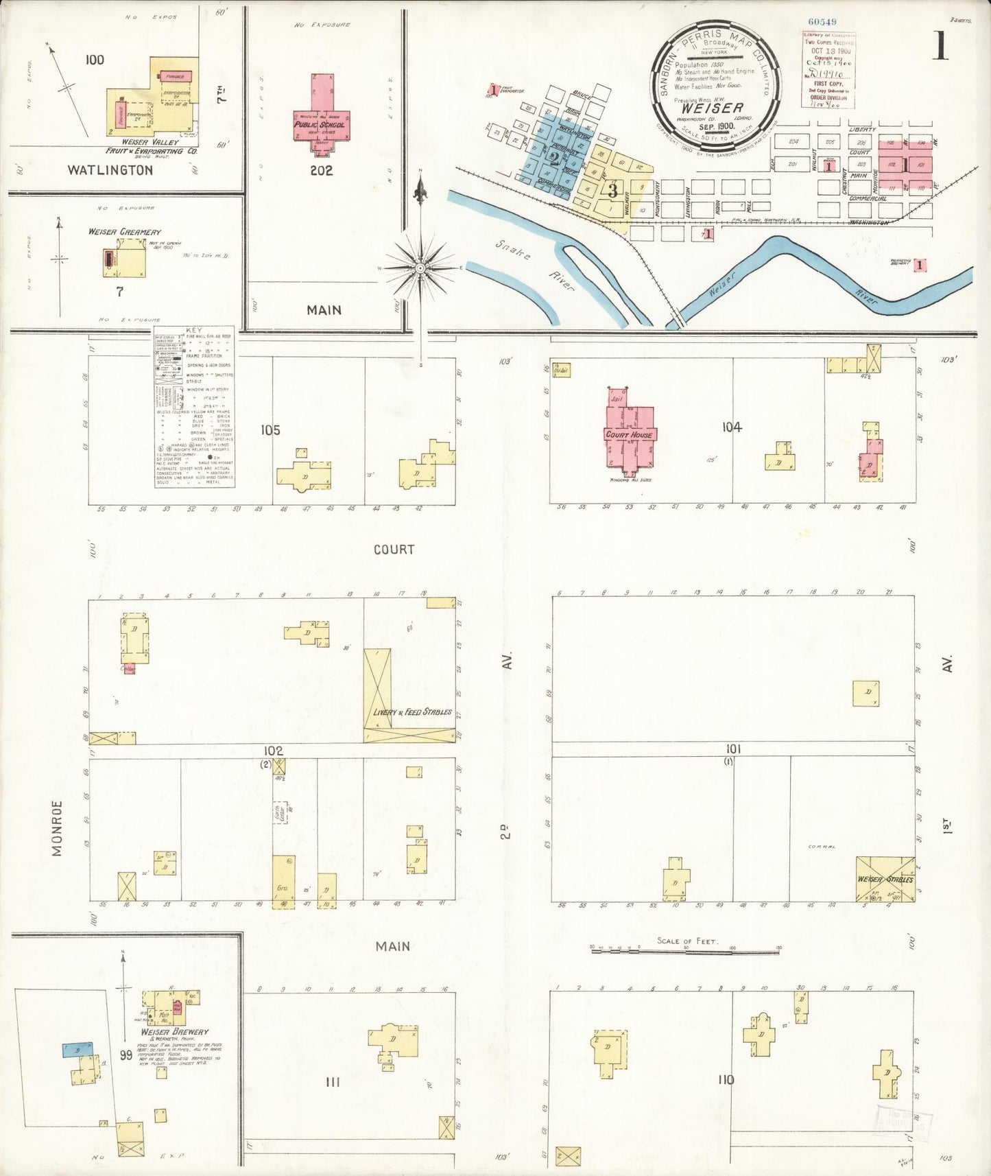 Sanborn Fire Insurance Map from Weiser, Washington County, Idaho (1900), Sheet #0001 - Historic Sanborn Fire Insurance Map Print, vintage old map wall art, antique decor, genealogy gift, Idaho Idaho map