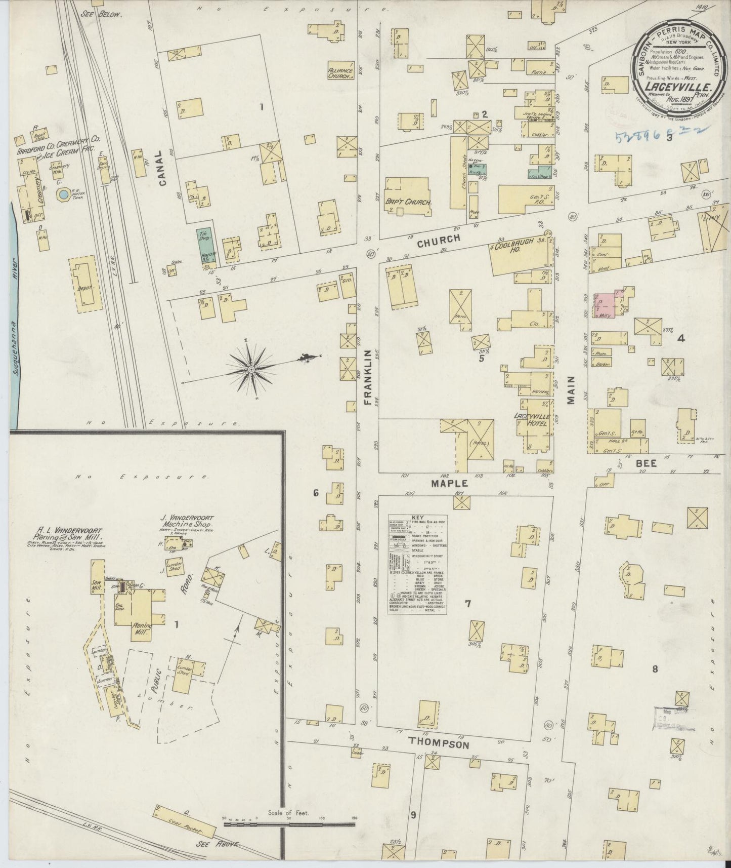 Sanborn Fire Insurance Map from Laceyville, Wyoming County, Pennsylvania (1897), Sheet #0001 - Historic Sanborn Fire Insurance Map Print, vintage old map wall art, antique decor, genealogy gift, Laceyville Wyoming map
