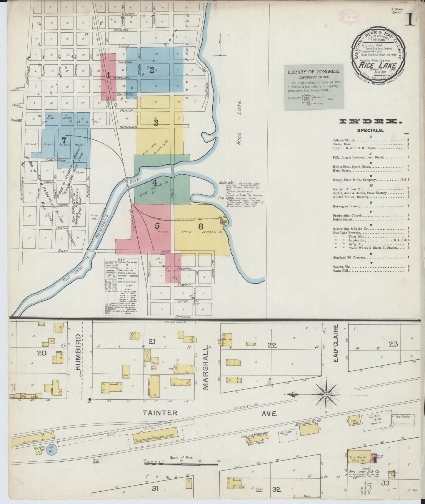 Sanborn Fire Insurance Map from Rice Lake, Barron County, Wisconsin (1893), Sheet #0001 - Historic Sanborn Fire Insurance Map Print, vintage old map wall art, antique decor, genealogy gift, Wisconsin Wisconsin map