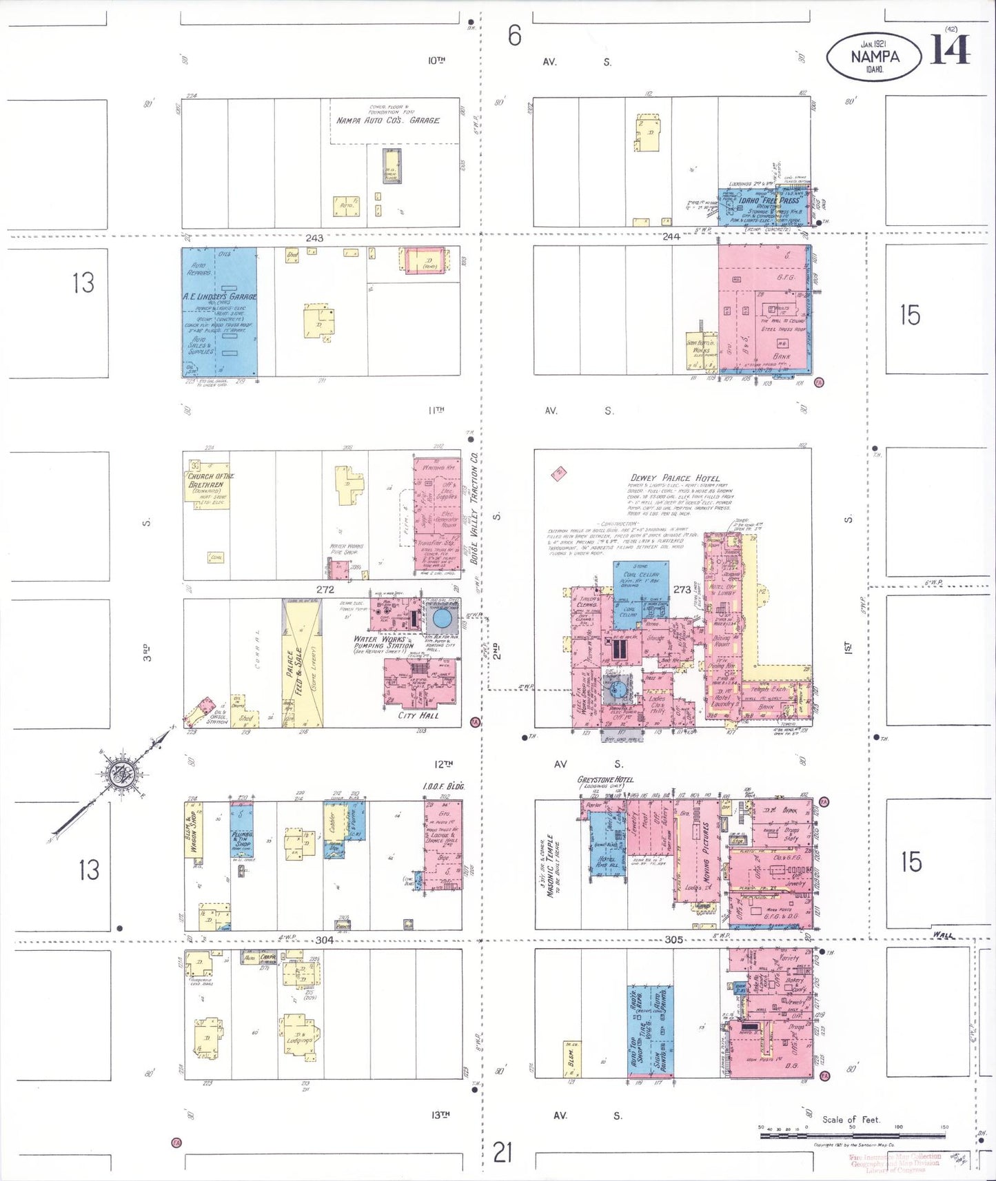 Sanborn Fire Insurance Map from Nampa, Canyon County, Idaho (1921), Sheet #0014 - Historic Sanborn Fire Insurance Map Print, vintage old map wall art, antique decor, genealogy gift, Idaho Idaho map