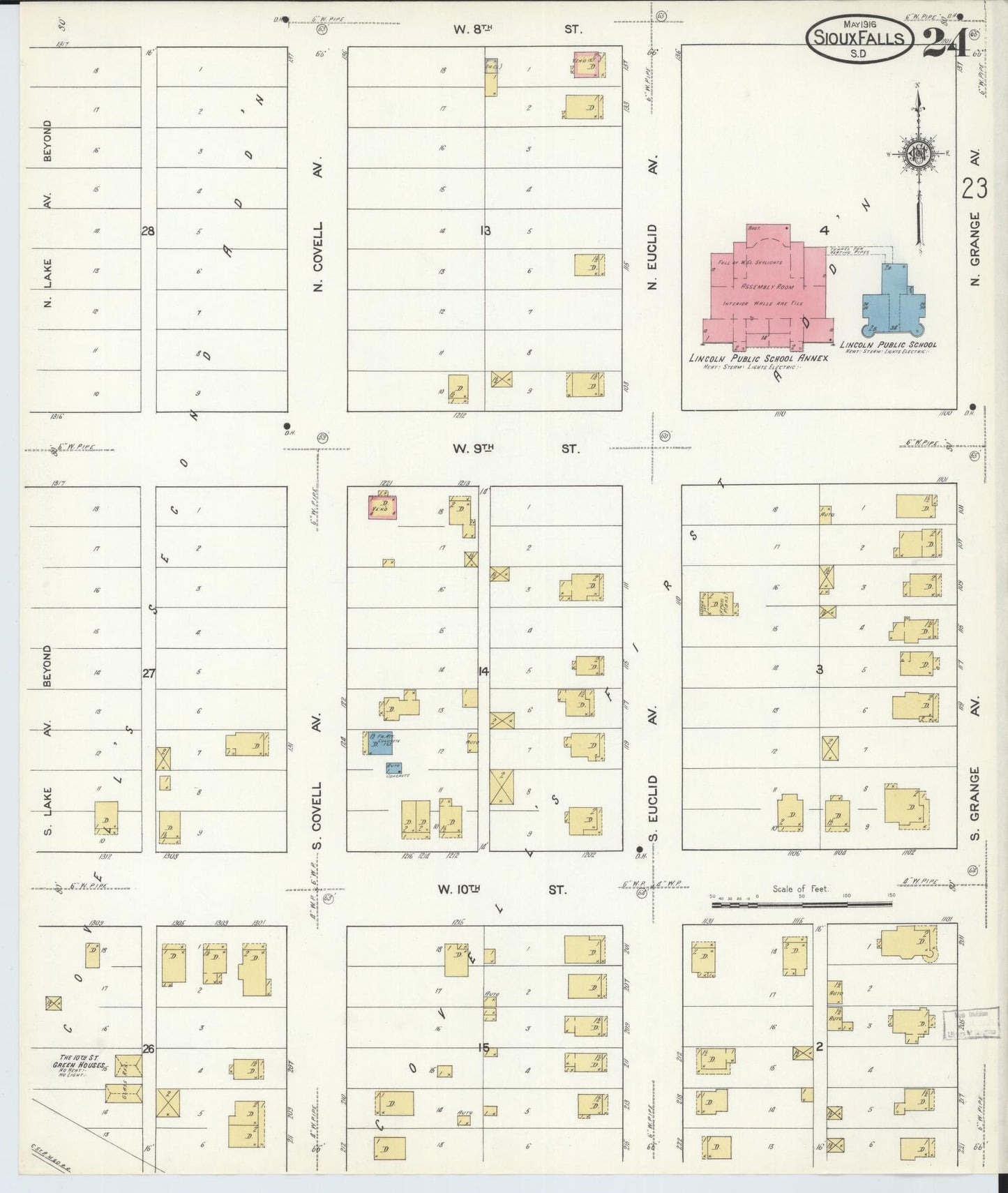 Sanborn Fire Insurance Map from Sioux Falls, Minnehaha County, South Dakota (1916), Sheet #0024 - Historic Sanborn Fire Insurance Map Print, vintage old map wall art, antique decor, genealogy gift, South Dakota South Dakota map