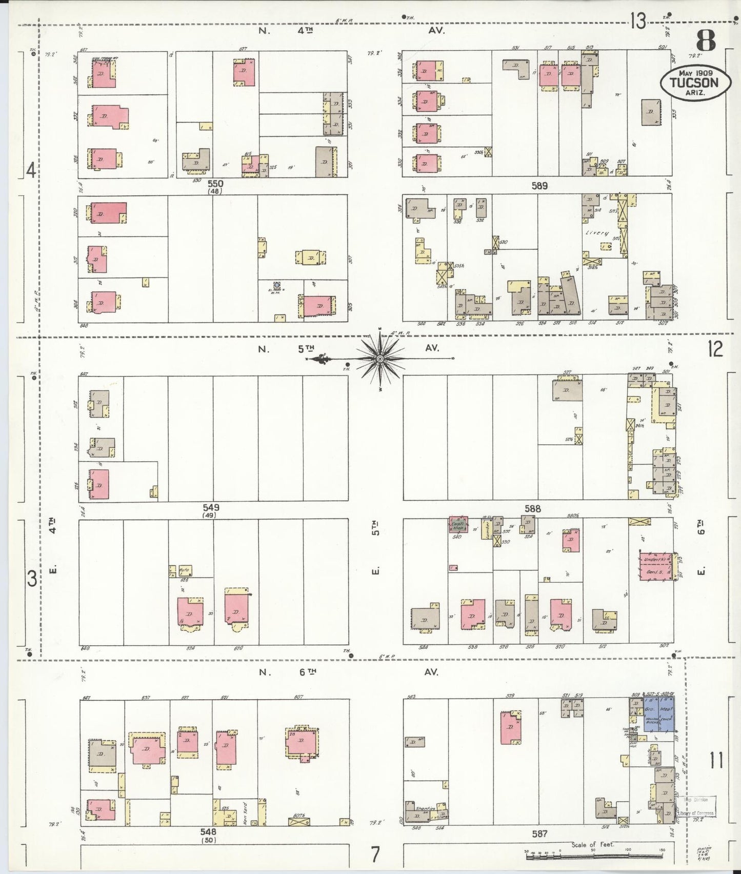 Sanborn Fire Insurance Map from Tucson, Pima County, Arizona (1909), Sheet #0008 - Historic Sanborn Fire Insurance Map Print, vintage old map wall art, antique decor, genealogy gift, Arizona Arizona map