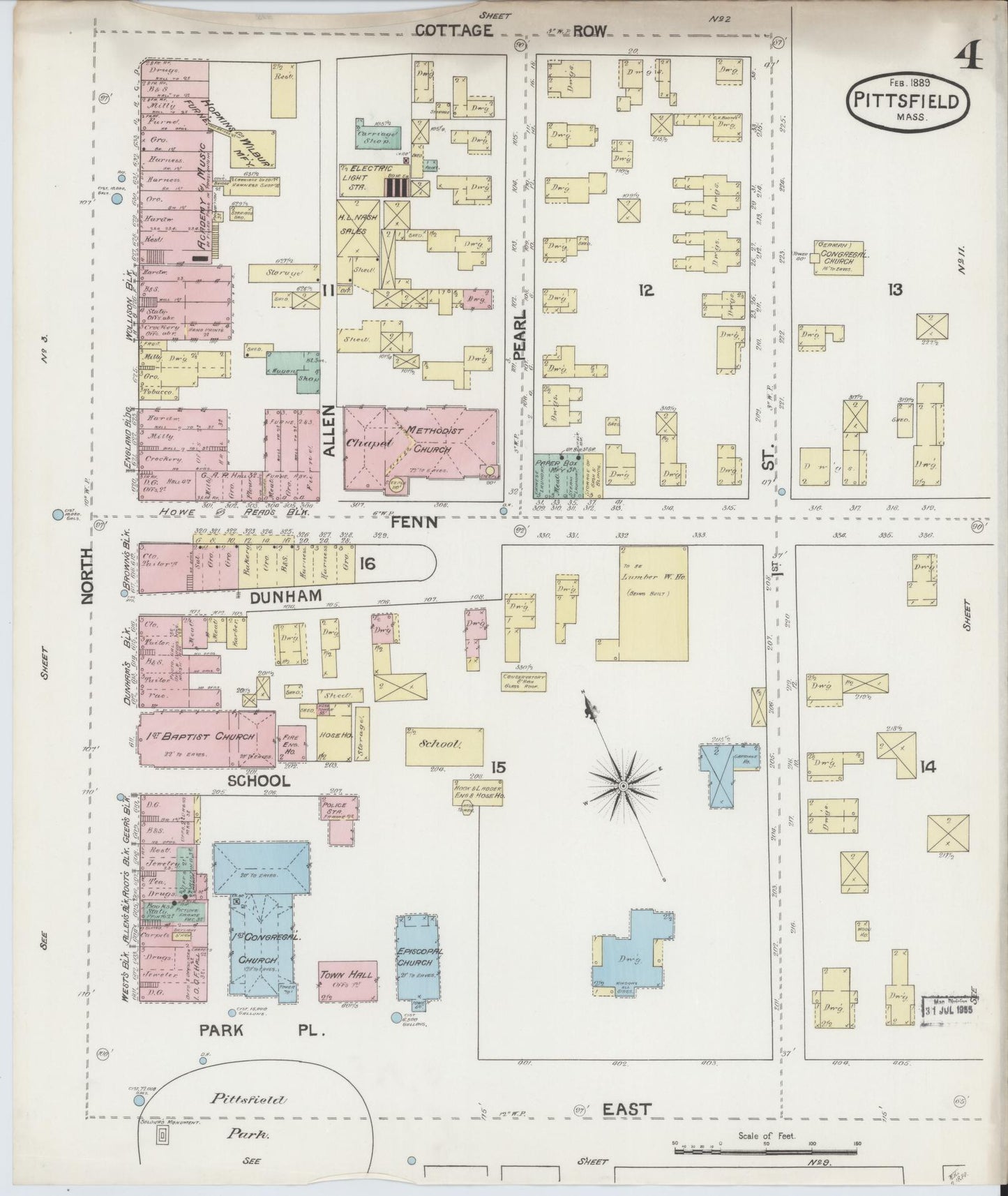 Sanborn Fire Insurance Map from Pittsfield, Berkshire County, Massachusetts (1889), Sheet #0004 - Historic Sanborn Fire Insurance Map Print, vintage old map wall art, antique decor, genealogy gift, Massachusetts Massachusetts map