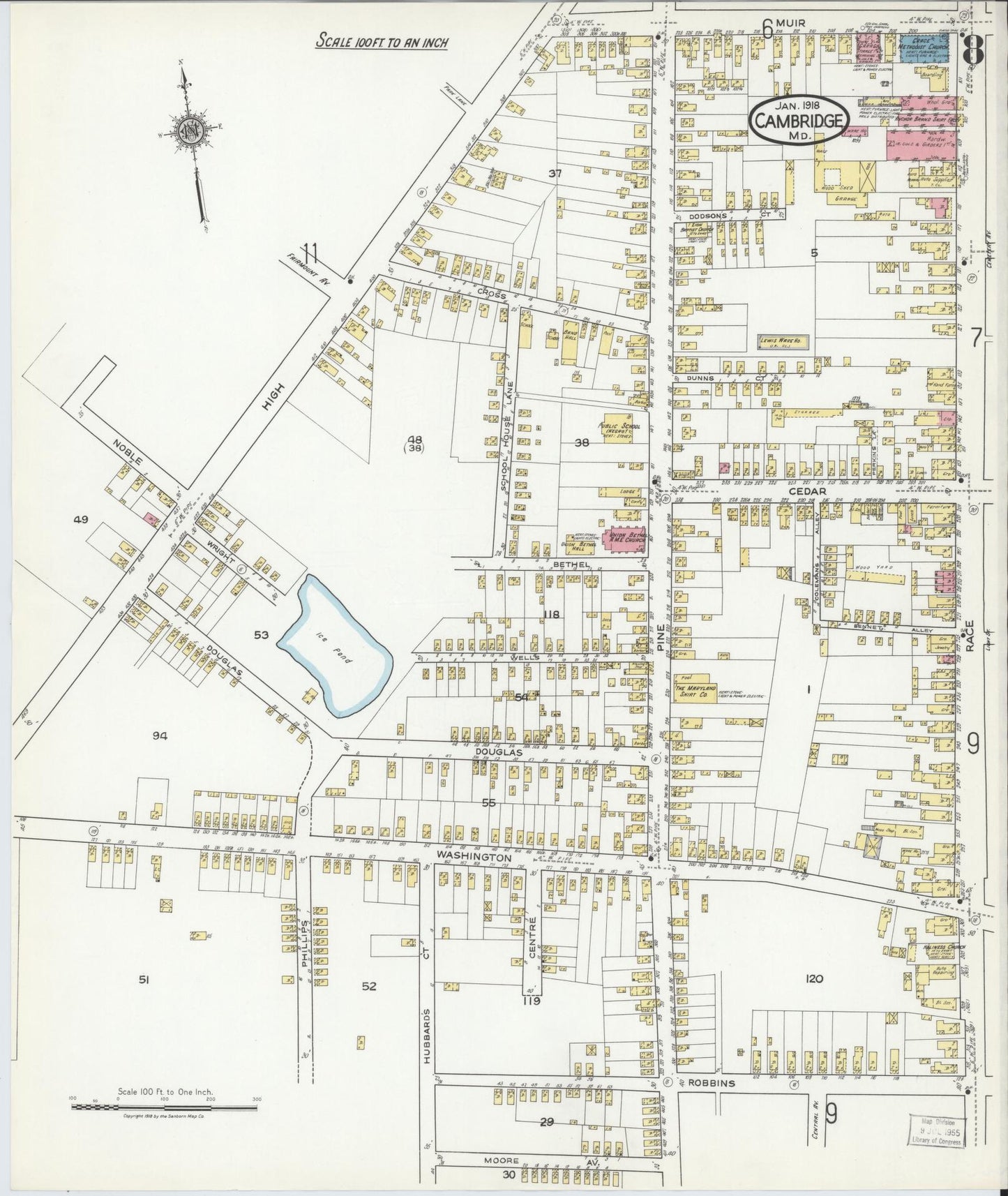 Dorchester, Maryland - 1918 - Sanborn Fire Insurance Map, Sheet #0008 - Historic Sanborn Fire Insurance Map Print, Dorchester Maryland 1918 0008 vintage old map wall art