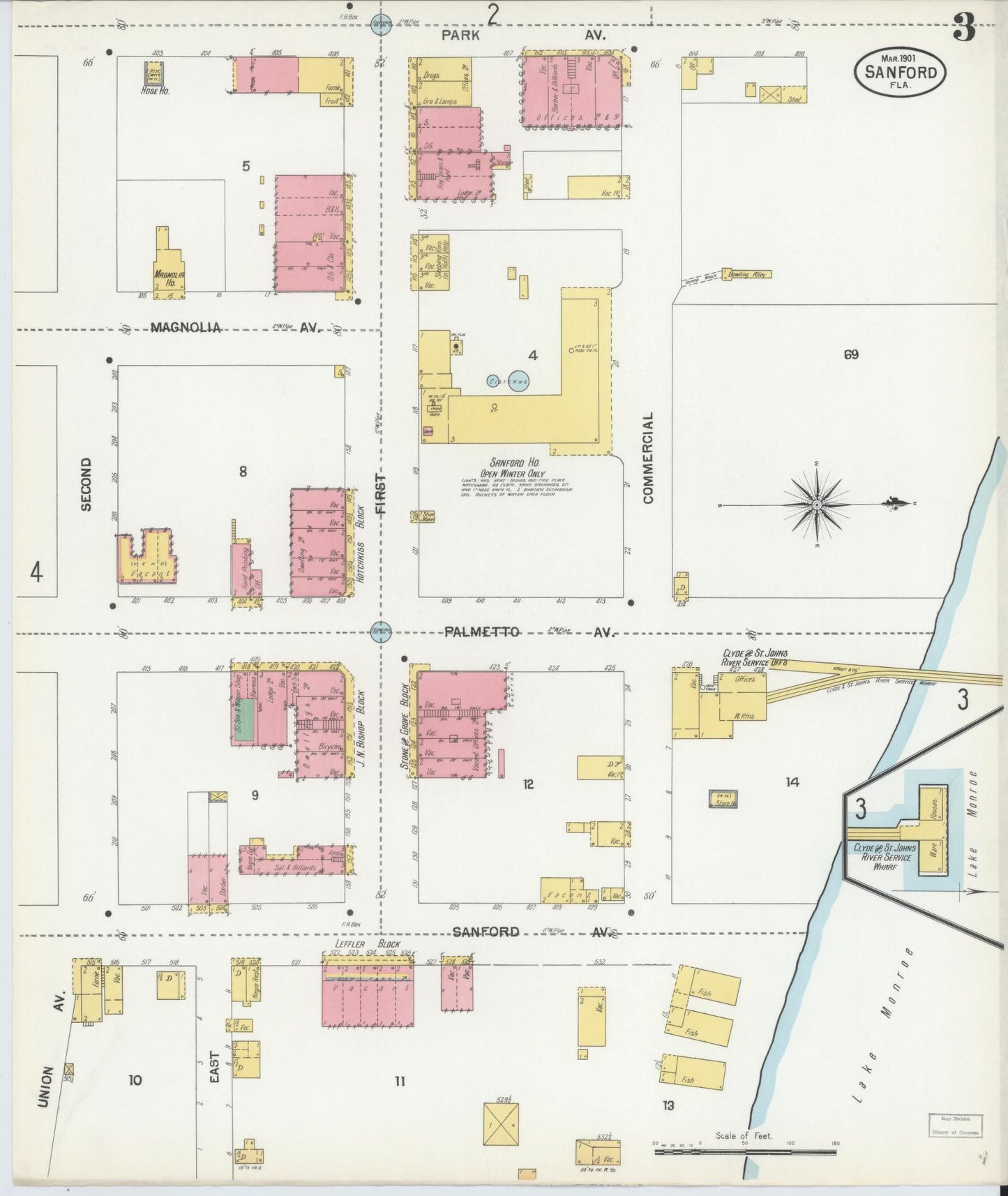 Sanborn Fire Insurance Map from Sanford, Seminole County, Florida (1901), Sheet #0003 - Historic Sanborn Fire Insurance Map Print, vintage old map wall art, antique decor, genealogy gift, Florida Florida map