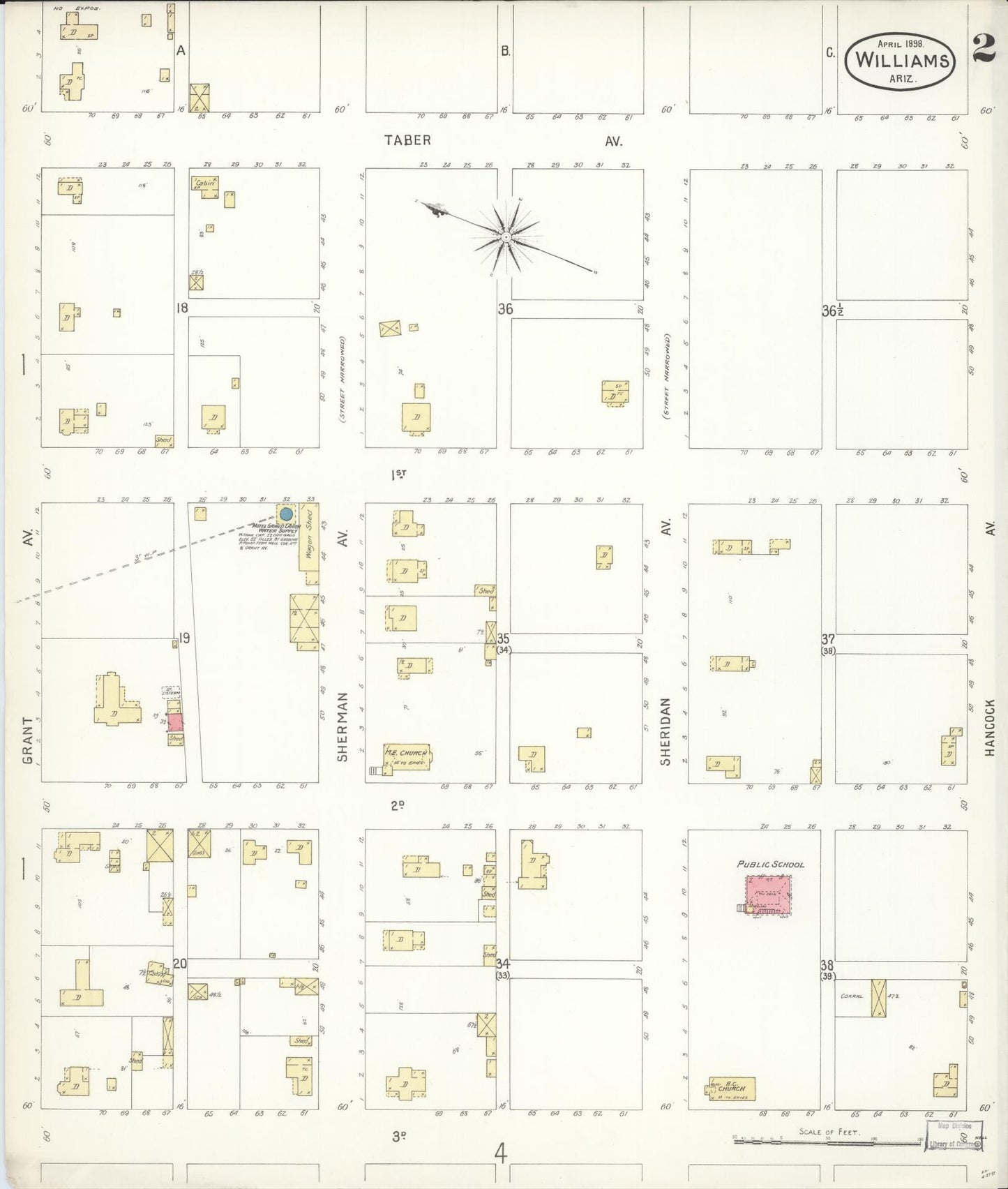 Sanborn Fire Insurance Map from Williams, Coconino County, Arizona (1898), Sheet #0002 - Historic Sanborn Fire Insurance Map Print, vintage old map wall art, antique decor, genealogy gift, Arizona Arizona map