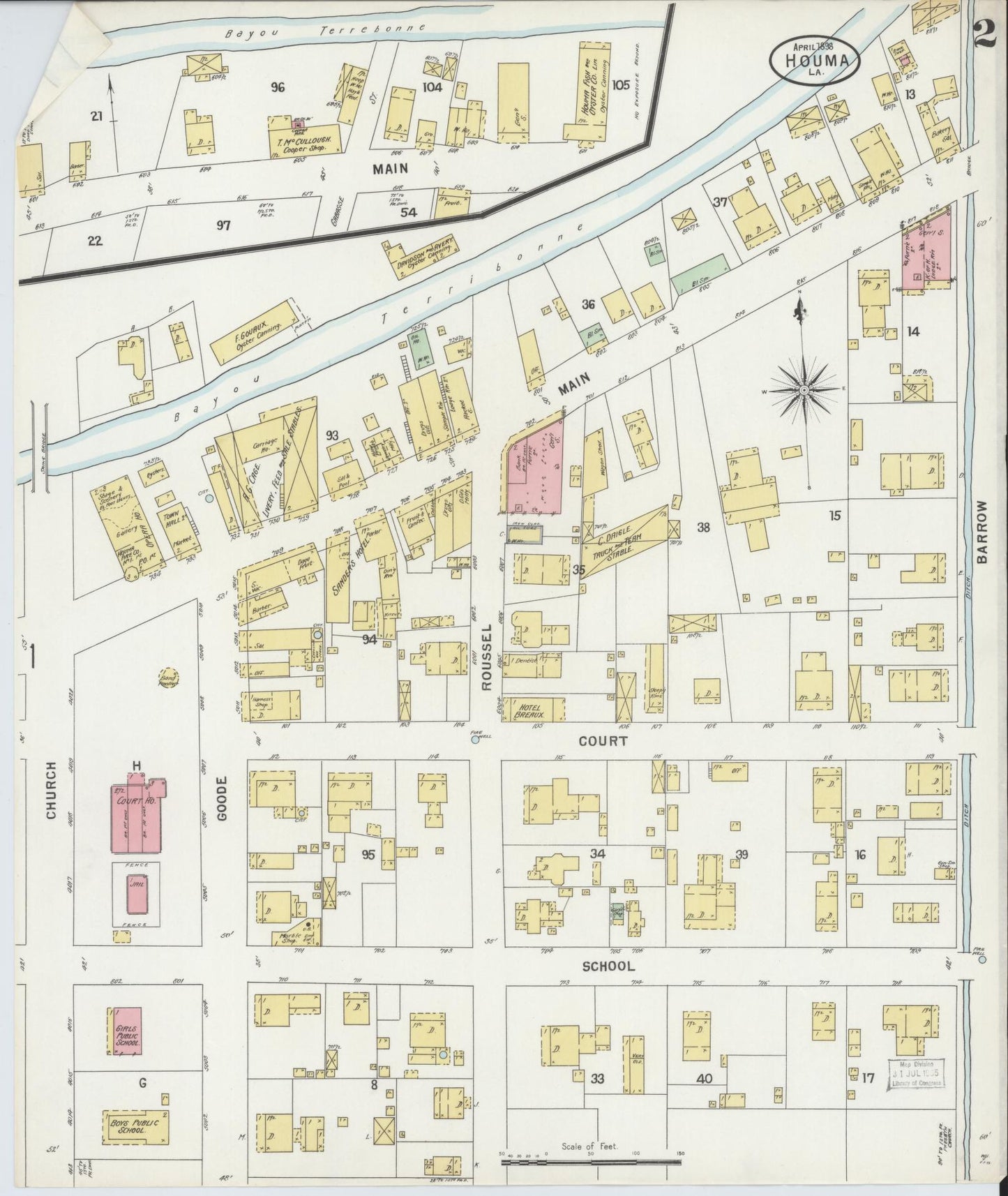 Sanborn Fire Insurance Map from Houma, Terrebonne Parish, Louisiana (1898), Sheet #0002 - Complete Map Set gallery image, historic Sanborn map, vintage wall art, Louisiana Louisiana