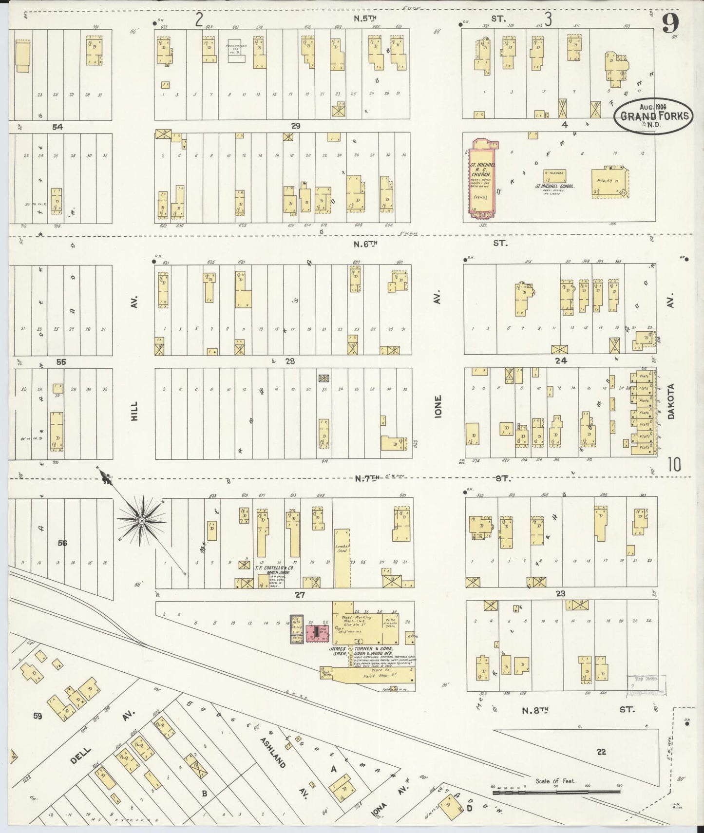 Sanborn Fire Insurance Map from Grand Forks, Grand Forks County, North Dakota (1906), Sheet #0009 - Historic Sanborn Fire Insurance Map Print, vintage old map wall art, antique decor, genealogy gift, North Dakota North Dakota map