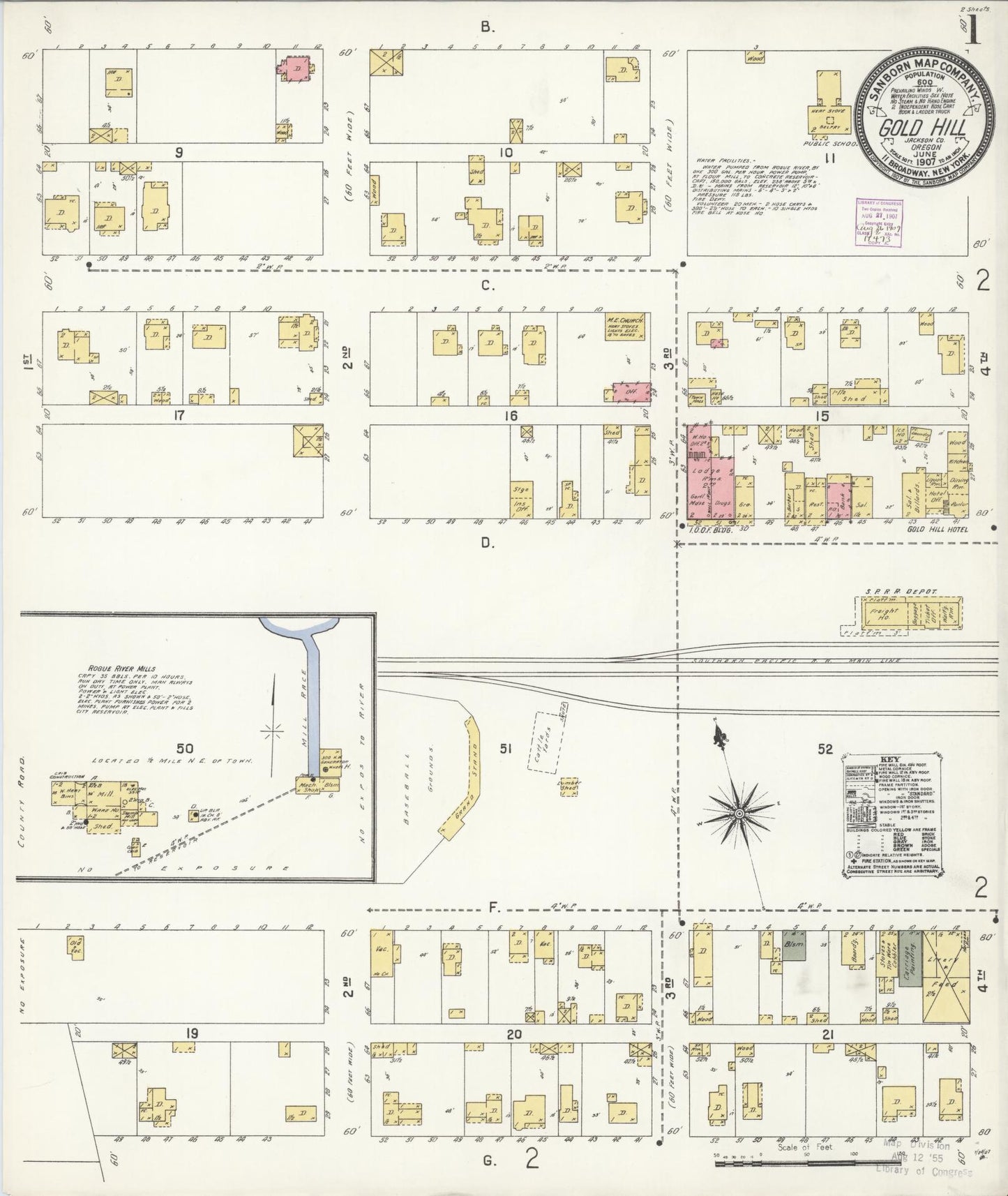 Sanborn Fire Insurance Map from Gold Hill, Jackson County, Oregon (1907), Sheet #0001 - Historic Sanborn Fire Insurance Map Print, vintage old map wall art, antique decor, genealogy gift, Oregon Oregon map