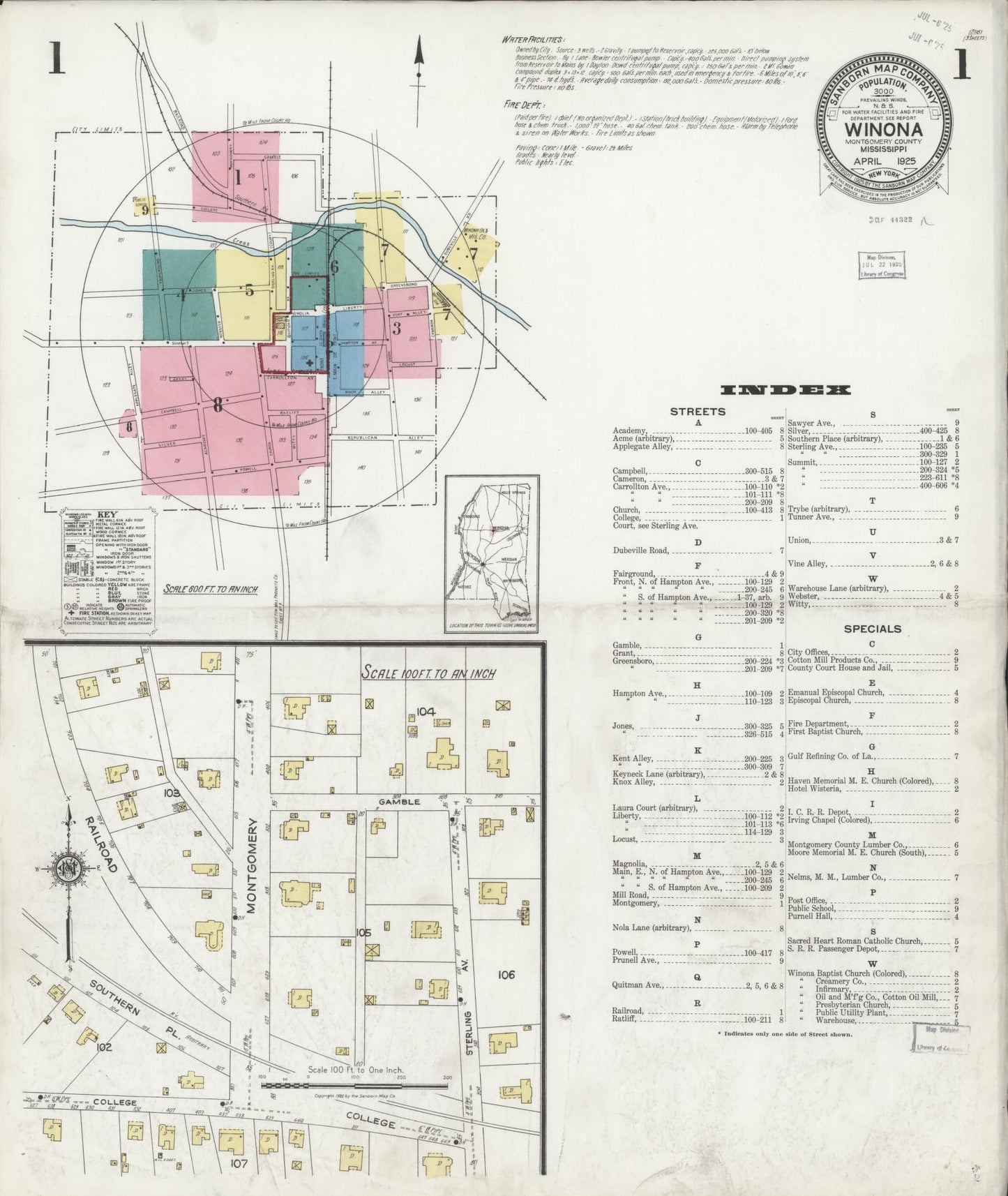 Sanborn Fire Insurance Map from Winona, Montgomery County, Mississippi (1925), Sheet #0001 - Historic Sanborn Fire Insurance Map Print, vintage old map wall art, antique decor, genealogy gift, Mississippi Mississippi map