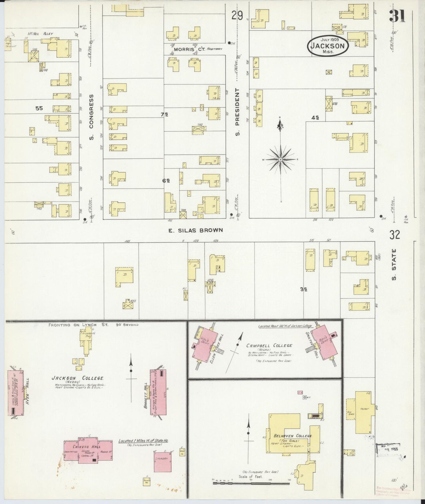 Sanborn Fire Insurance Map from Jackson, Hinds County, Mississippi (1909), Sheet #0031 - Historic Sanborn Fire Insurance Map Print, vintage old map wall art, antique decor, genealogy gift, Mississippi Mississippi map
