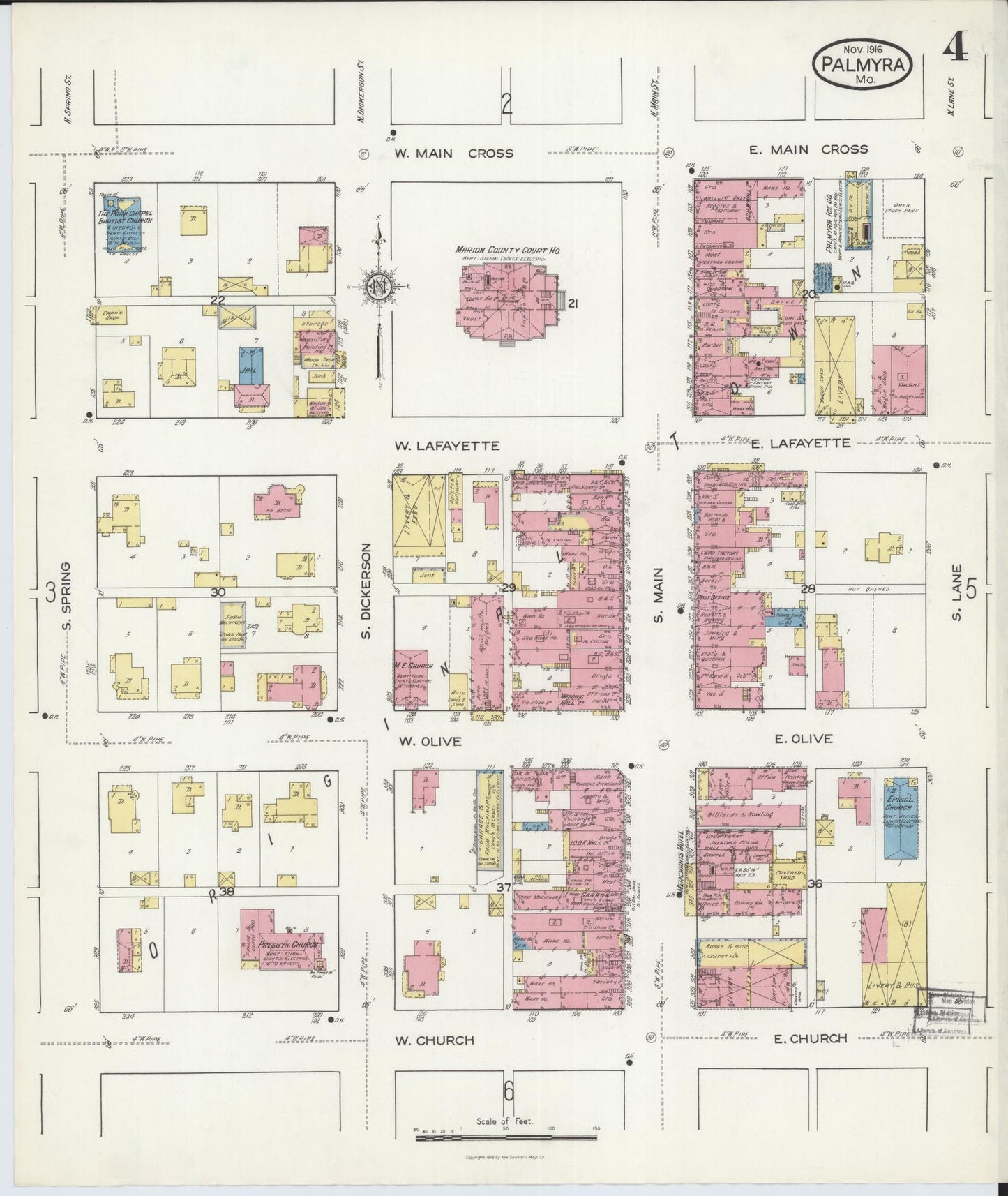 Sanborn Fire Insurance Map from Palmyra, Marion County, Missouri (1916), Sheet #0004 - Historic Sanborn Fire Insurance Map Print, vintage old map wall art, antique decor, genealogy gift, Missouri Missouri map