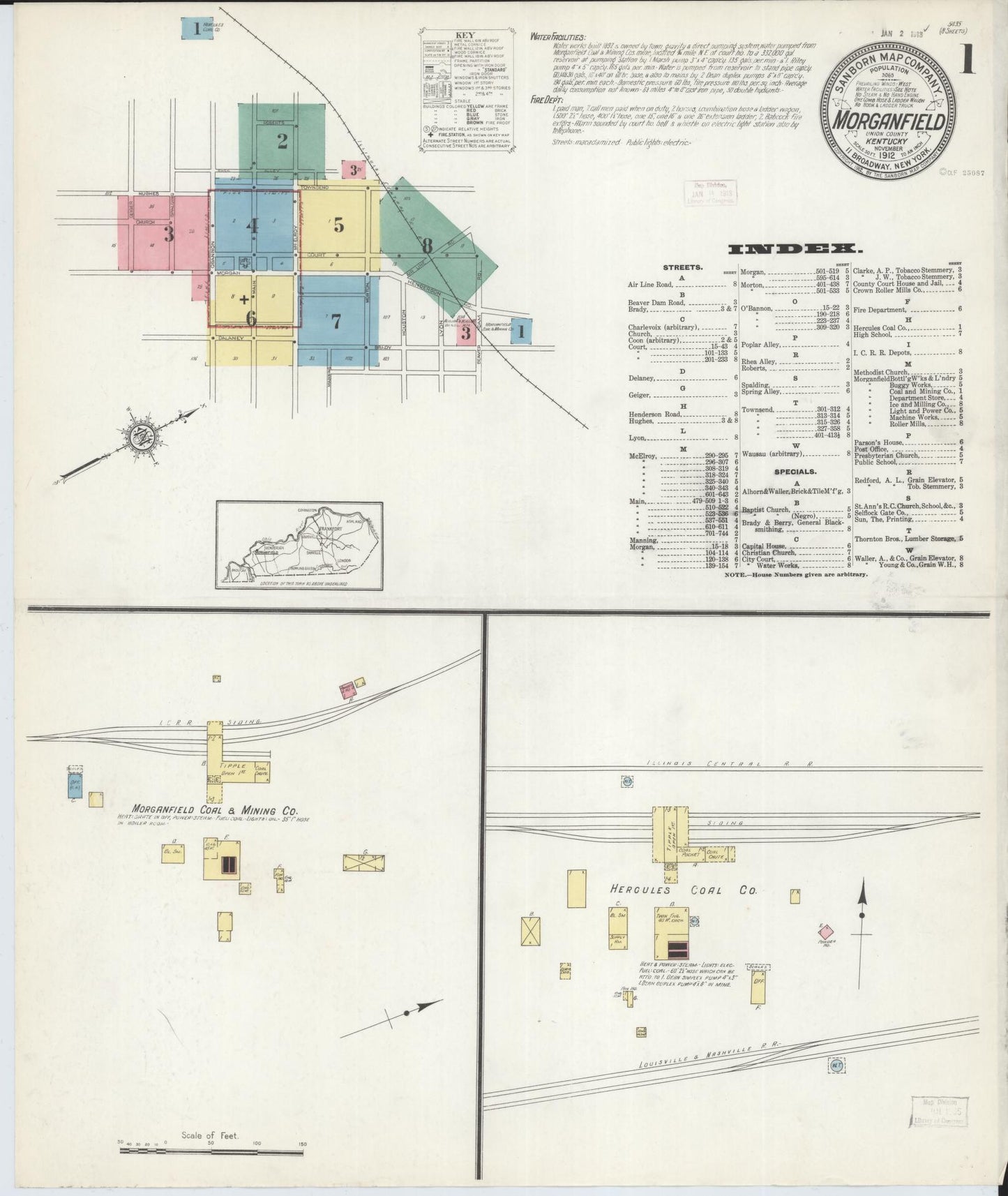 Sanborn Fire Insurance Map from Morganfield, Union County, Kentucky (1912), Sheet #0001 - Historic Sanborn Fire Insurance Map Print, vintage old map wall art, antique decor, genealogy gift, Kentucky Kentucky map