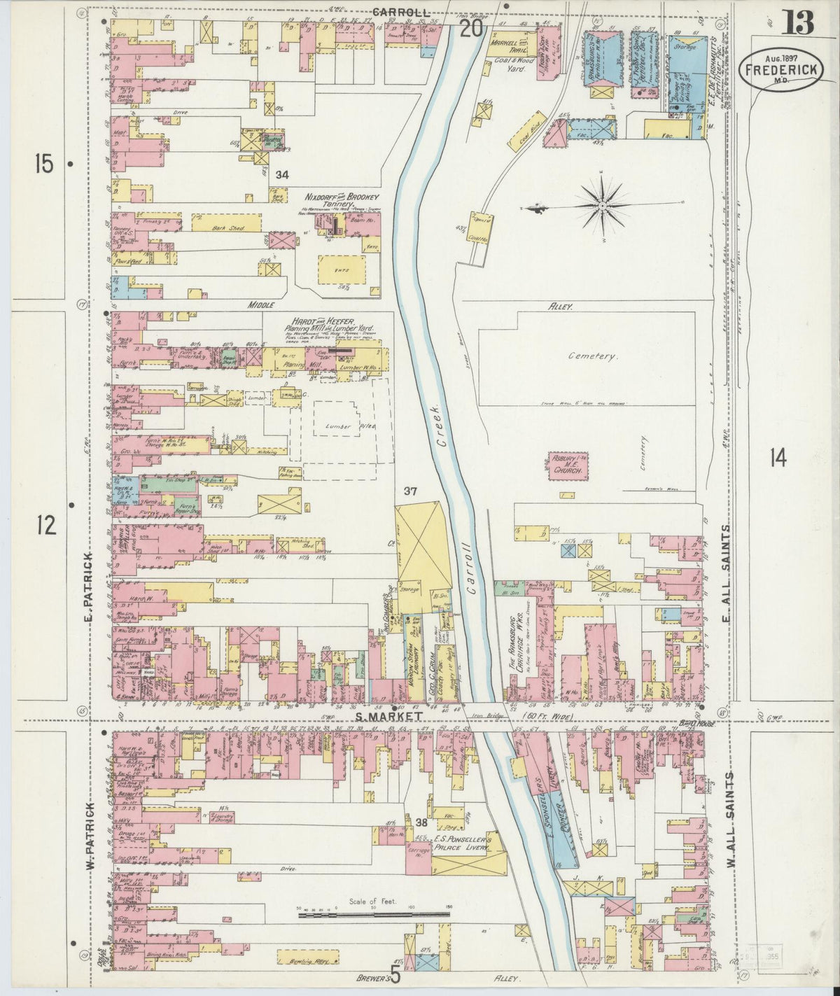 Sanborn Fire Insurance Map from Frederick, Frederick County, Maryland (1897), Sheet #0013 - Historic Sanborn Fire Insurance Map Print, vintage old map wall art, antique decor, genealogy gift, Maryland Maryland map