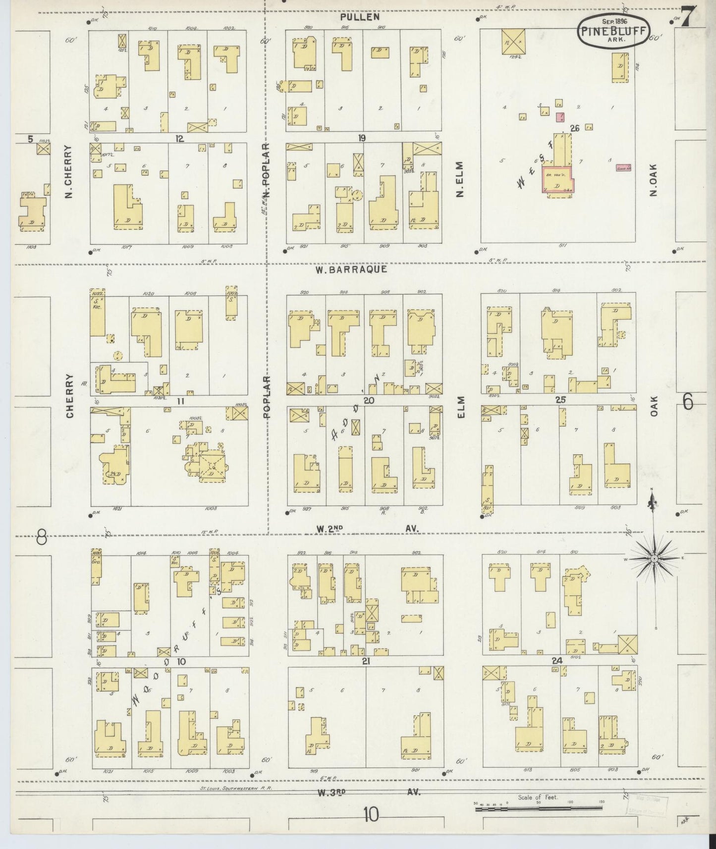 Sanborn Fire Insurance Map from Pine Bluff, Jefferson County, Arkansas (1896), Sheet #0007 - Historic Sanborn Fire Insurance Map Print, vintage old map wall art, antique decor, genealogy gift, Arkansas Arkansas map