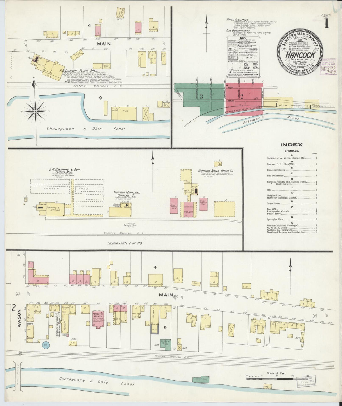 Sanborn Fire Insurance Map from Hancock, Washington County, Maryland (1908), Sheet #0001 - Historic Sanborn Fire Insurance Map Print, vintage old map wall art, antique decor, genealogy gift, Maryland Maryland map