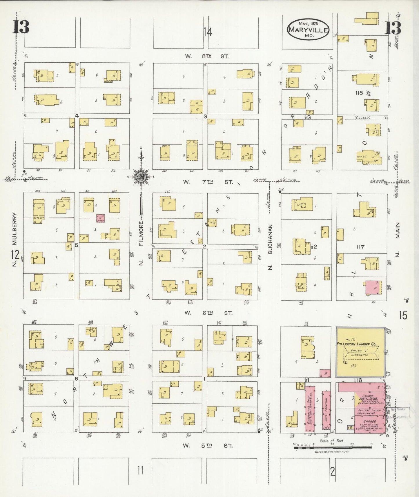 Sanborn Fire Insurance Map from Maryville, Nodaway County, Missouri (1925), Sheet #0013 - Historic Sanborn Fire Insurance Map Print, vintage old map wall art, antique decor, genealogy gift, Missouri Missouri map