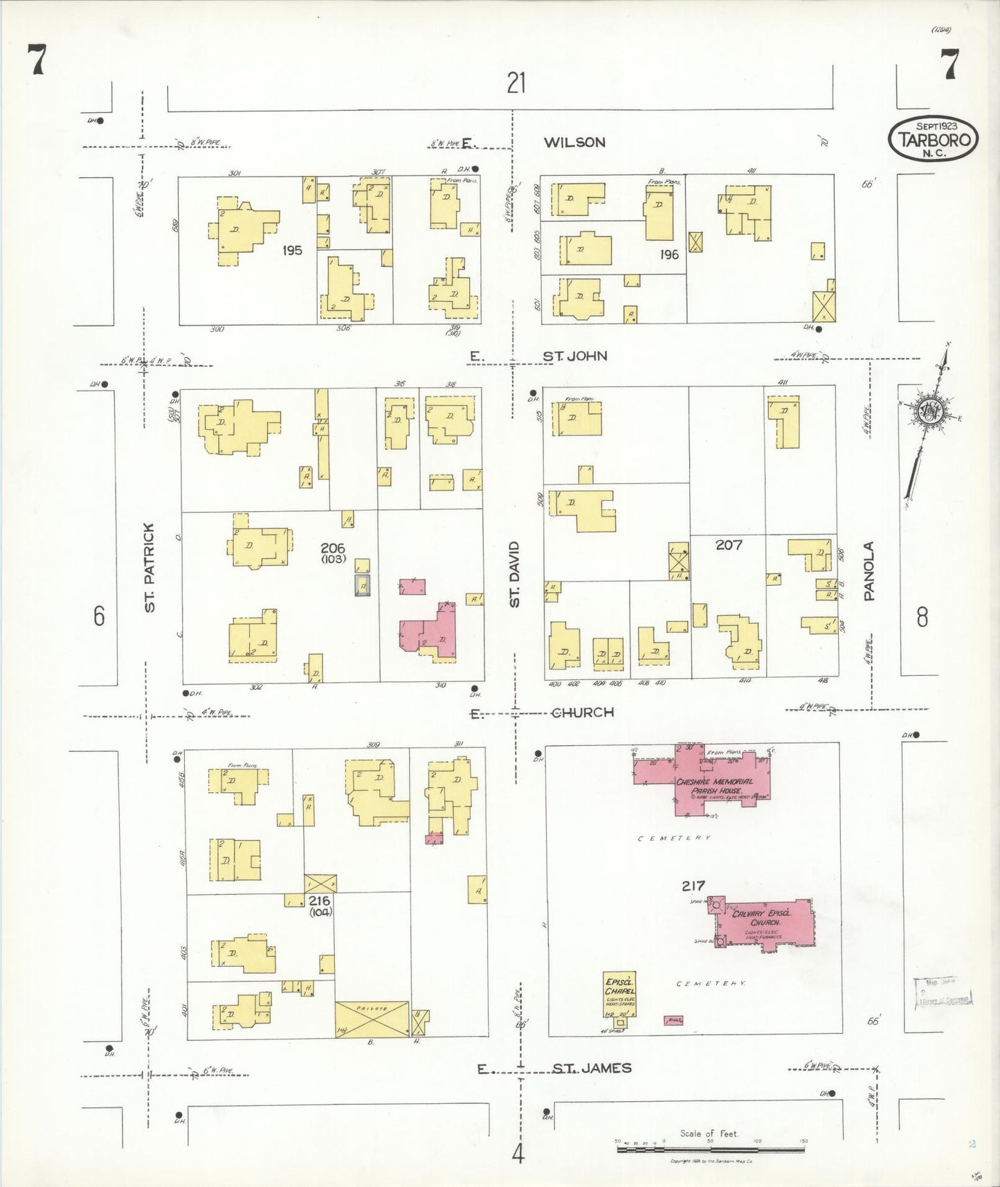 Sanborn Fire Insurance Map from Tarboro, Edgecombe County, North Carolina (1923), Sheet #0007 - Historic Sanborn Fire Insurance Map Print, vintage old map wall art, antique decor, genealogy gift, North Carolina North Carolina map