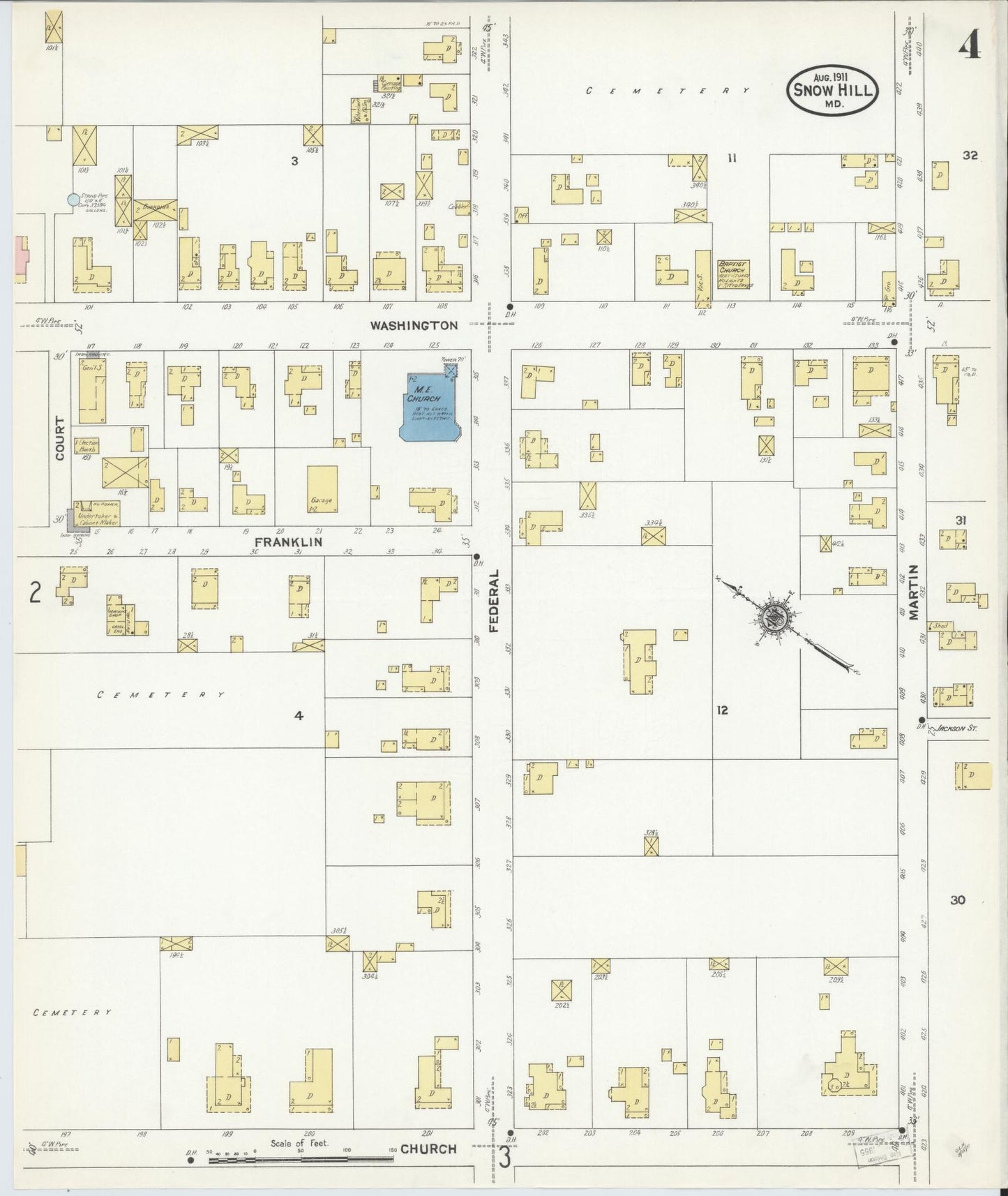 Sanborn Fire Insurance Map from Snow Hill, Worcester County, Maryland (1911), Sheet #0004 - Historic Sanborn Fire Insurance Map Print, vintage old map wall art