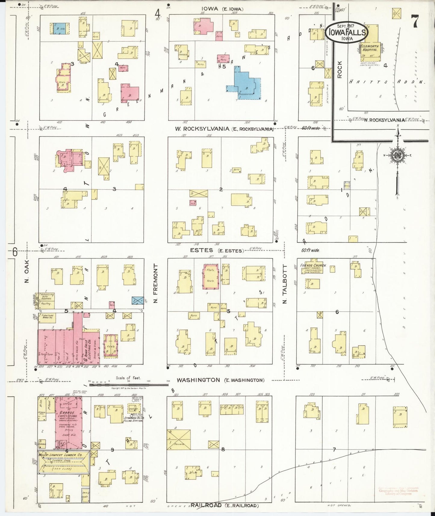 Sanborn Fire Insurance Map from Iowa Falls, Hardin County, Iowa (1917), Sheet #0007 - Historic Sanborn Fire Insurance Map Print, vintage old map wall art