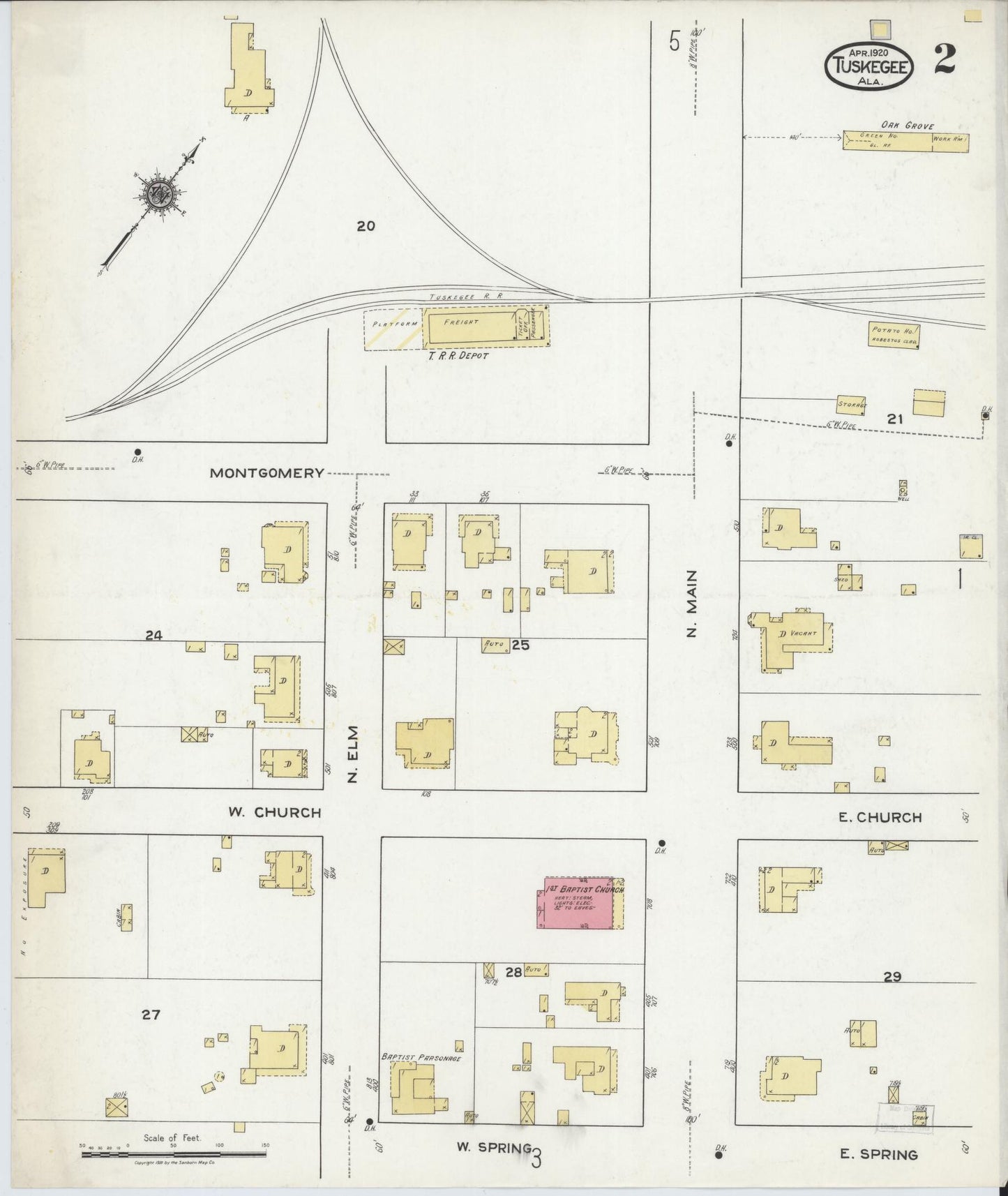 Sanborn Fire Insurance Map from Tuskegee, Macon County, Alabama (1920), Sheet #0002 - Historic Sanborn Fire Insurance Map Print, vintage old map wall art, antique decor, genealogy gift, Alabama Alabama map