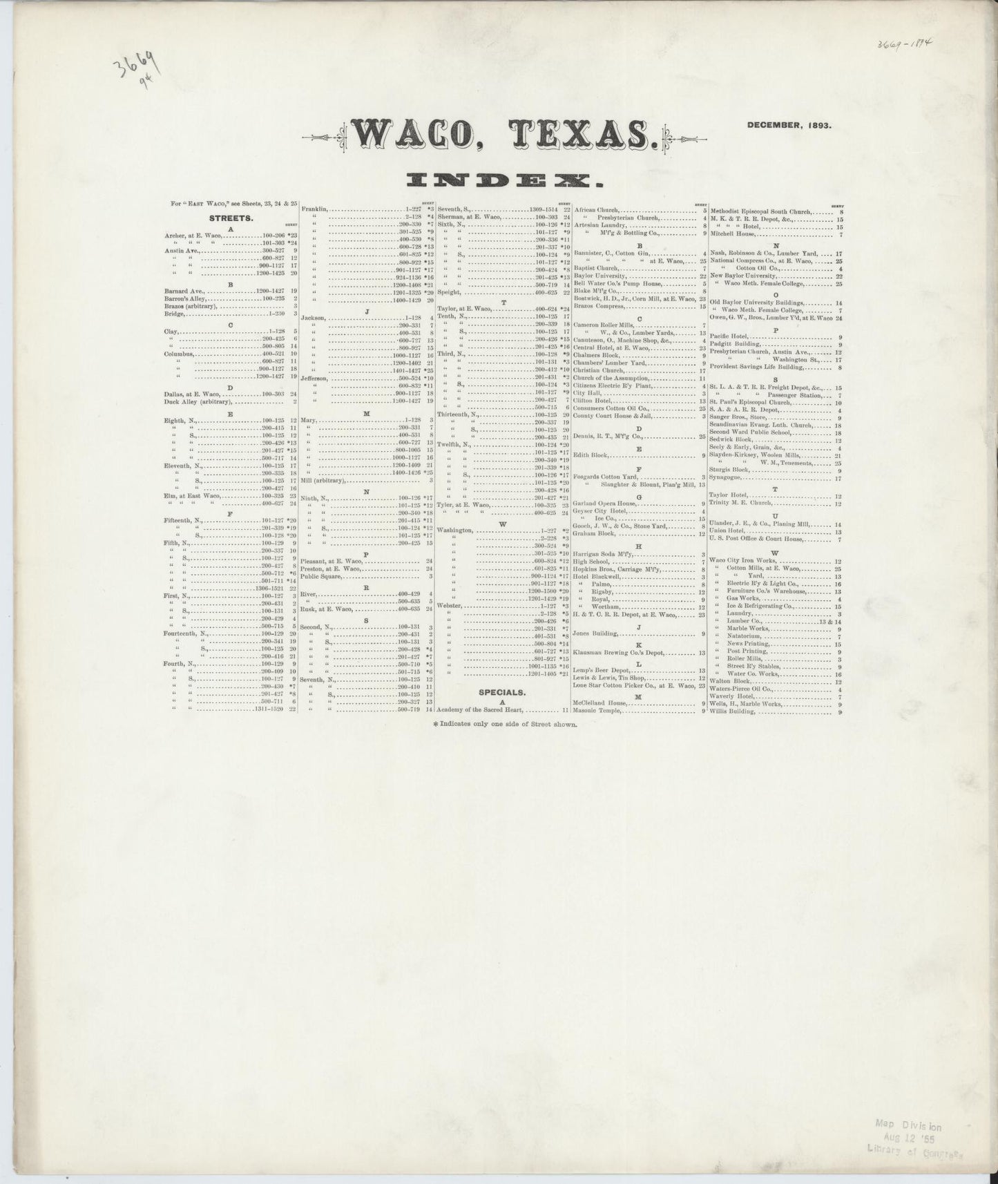 Sanborn Fire Insurance Map from Waco, McLennan County, Texas. (1893) – Historic Sanborn Fire Insurance Map Print
