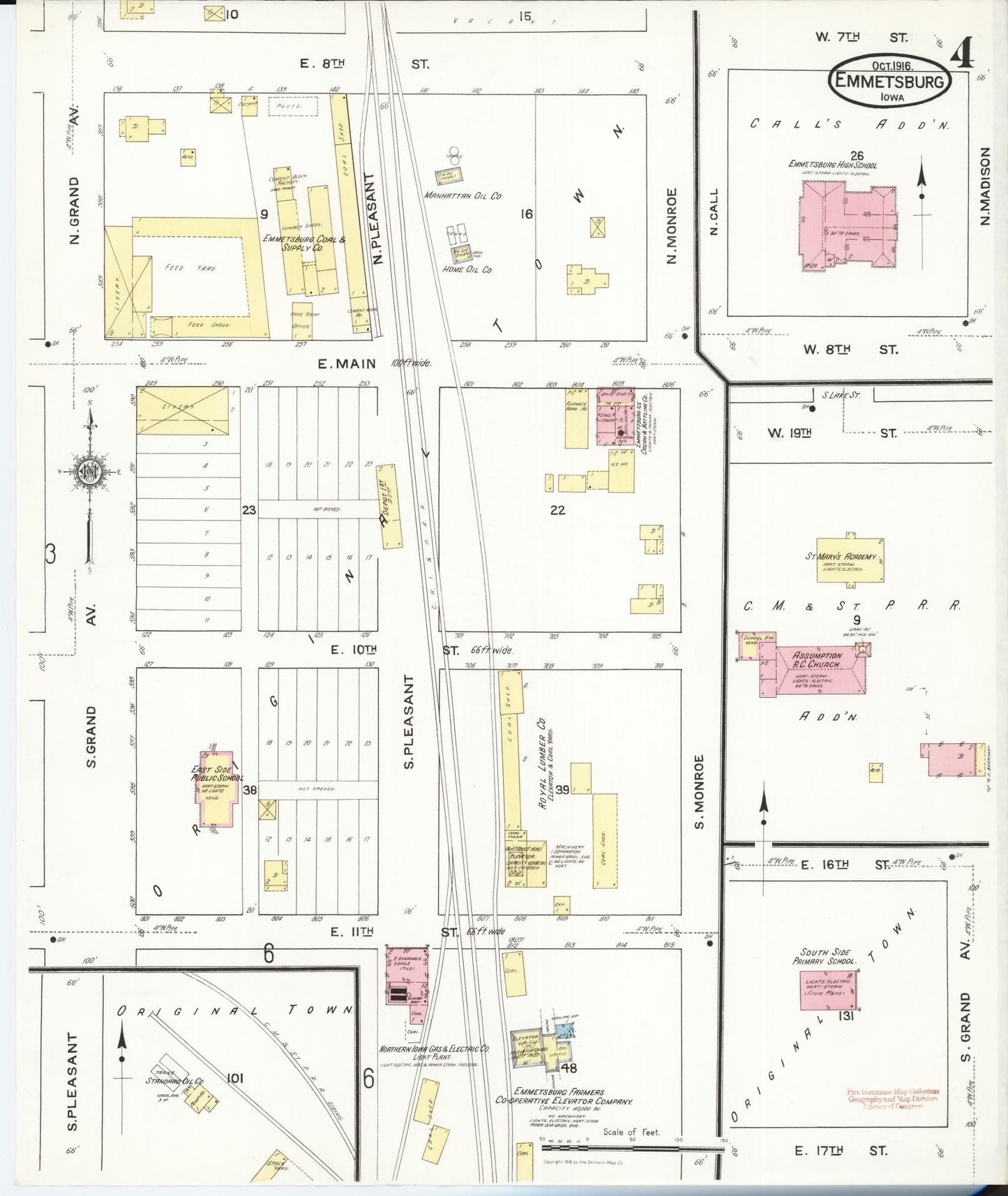 Sanborn Fire Insurance Map from Emmetsburg, Palo Alto County, Iowa (1916), Sheet #0004 - Historic Sanborn Fire Insurance Map Print, vintage old map wall art
