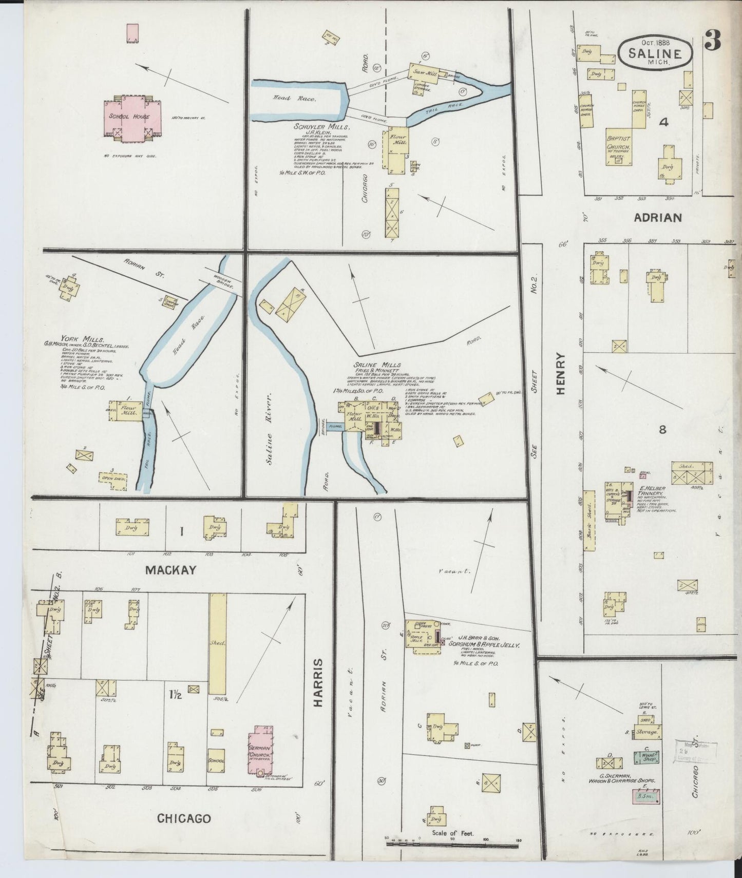 Sanborn Fire Insurance Map from Saline, Washtenaw County, Michigan (1888), Sheet #0003 - Complete Map Set gallery image, historic Sanborn map, vintage wall art, Michigan Michigan
