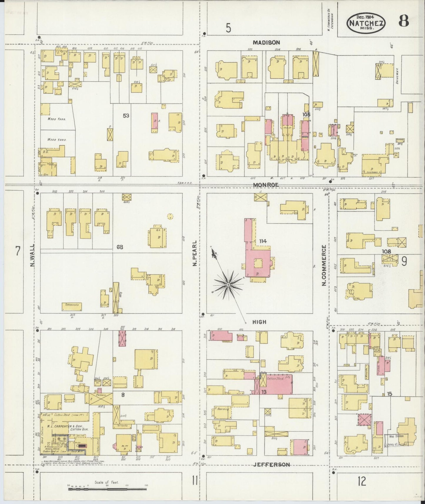 Sanborn Fire Insurance Map from Natchez, Adams County, Mississippi (1904), Sheet #0008 - Historic Sanborn Fire Insurance Map Print, vintage old map wall art, antique decor, genealogy gift, Mississippi Mississippi map