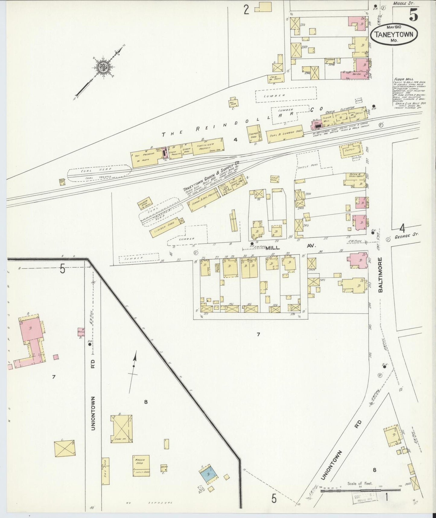 Sanborn Fire Insurance Map from Taneytown, Carroll County, Maryland (1910), Sheet #0005 - Historic Sanborn Fire Insurance Map Print, vintage old map wall art, antique decor, genealogy gift, Maryland Maryland map
