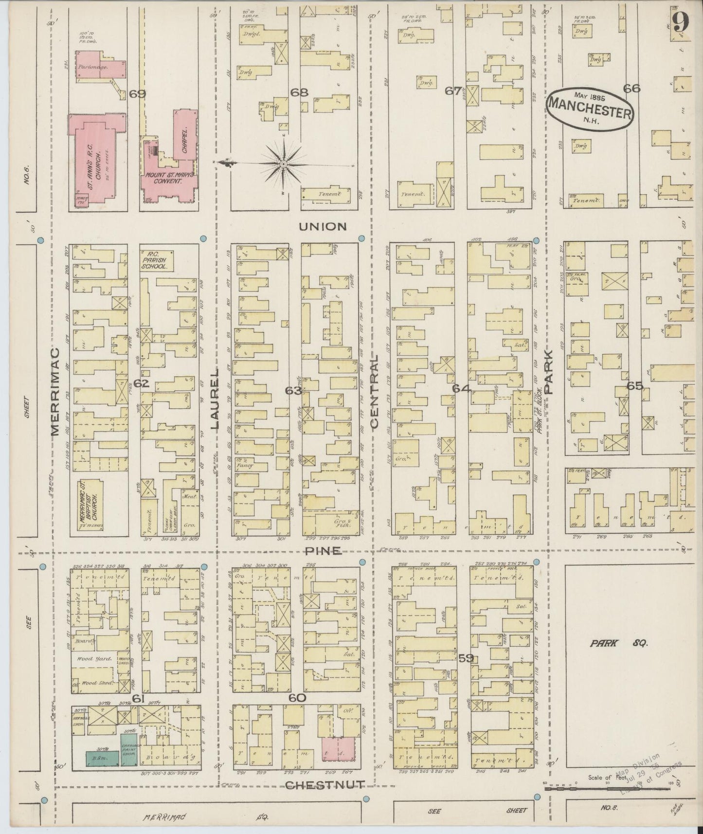 Sanborn Fire Insurance Map from Manchester, Hillsborough County, New Hampshire. (1885), Sheet 9 – Historic Sanborn Fire Insurance Map Print