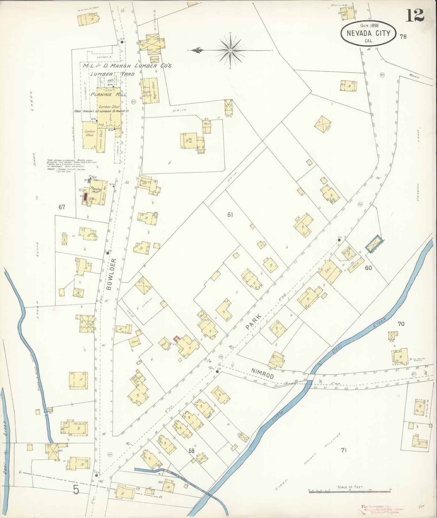 Sanborn Fire Insurance Map from Nevada City, Nevada County, California (1898), Sheet #0012 - Historic Sanborn Fire Insurance Map Print, vintage old map wall art, antique decor, genealogy gift, Nevada City Nevada map