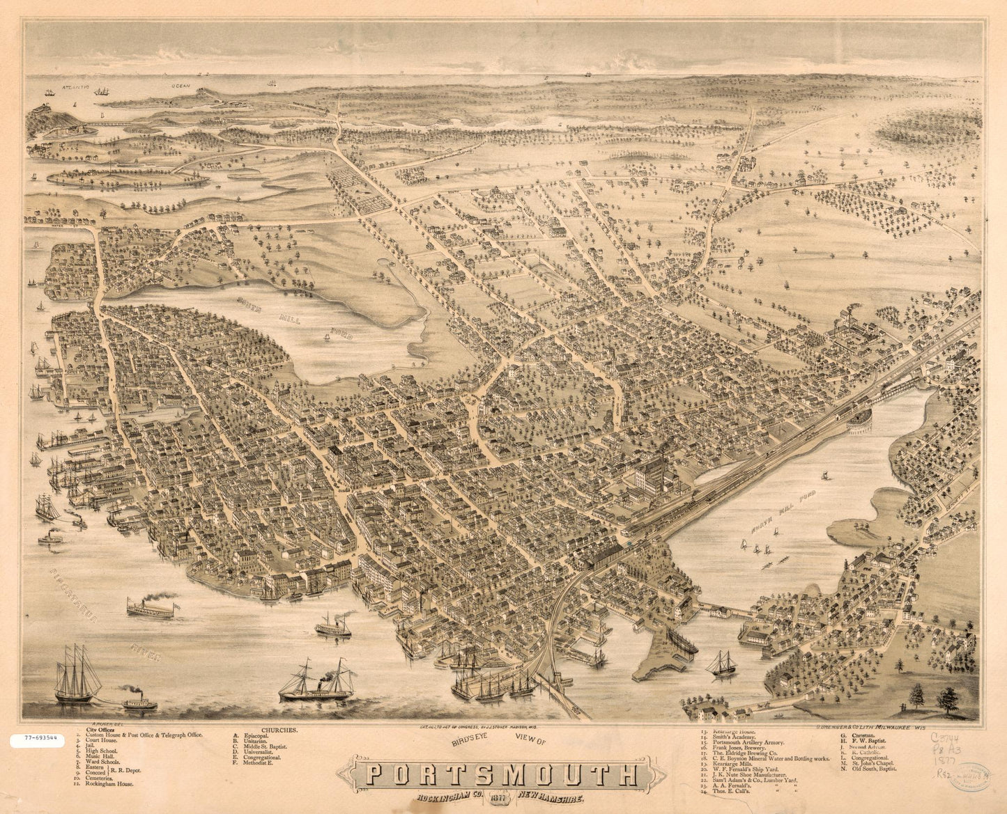 Bird's eye view of Portsmouth, Rockingham Co., New Hampshire. (1877) – Historic Bird’s-Eye View Panorama Print