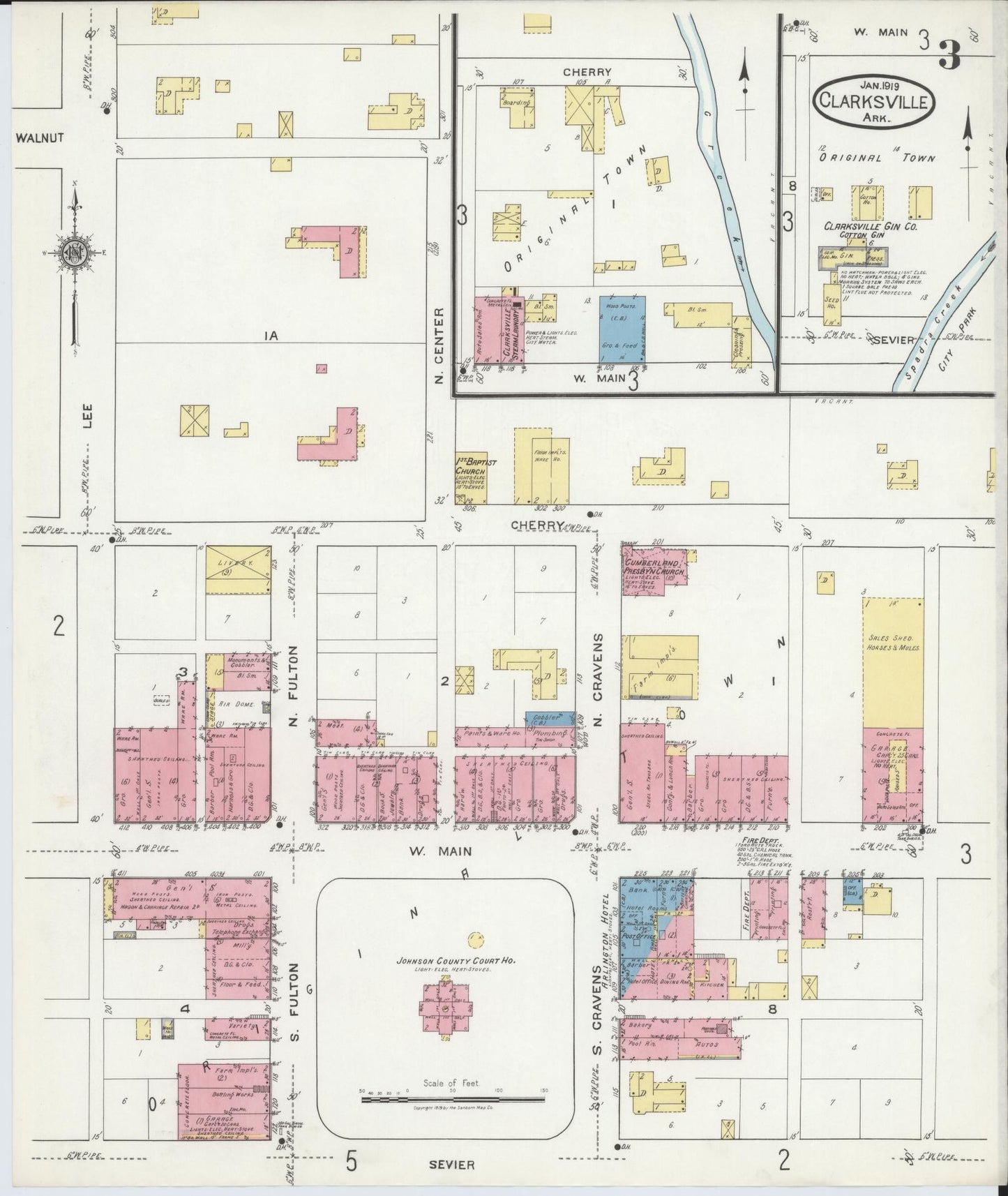 Sanborn Fire Insurance Map from Clarksville, Johnson County, Arkansas (1919), Sheet #0003 - Historic Sanborn Fire Insurance Map Print, vintage old map wall art, antique decor, genealogy gift, Arkansas Arkansas map