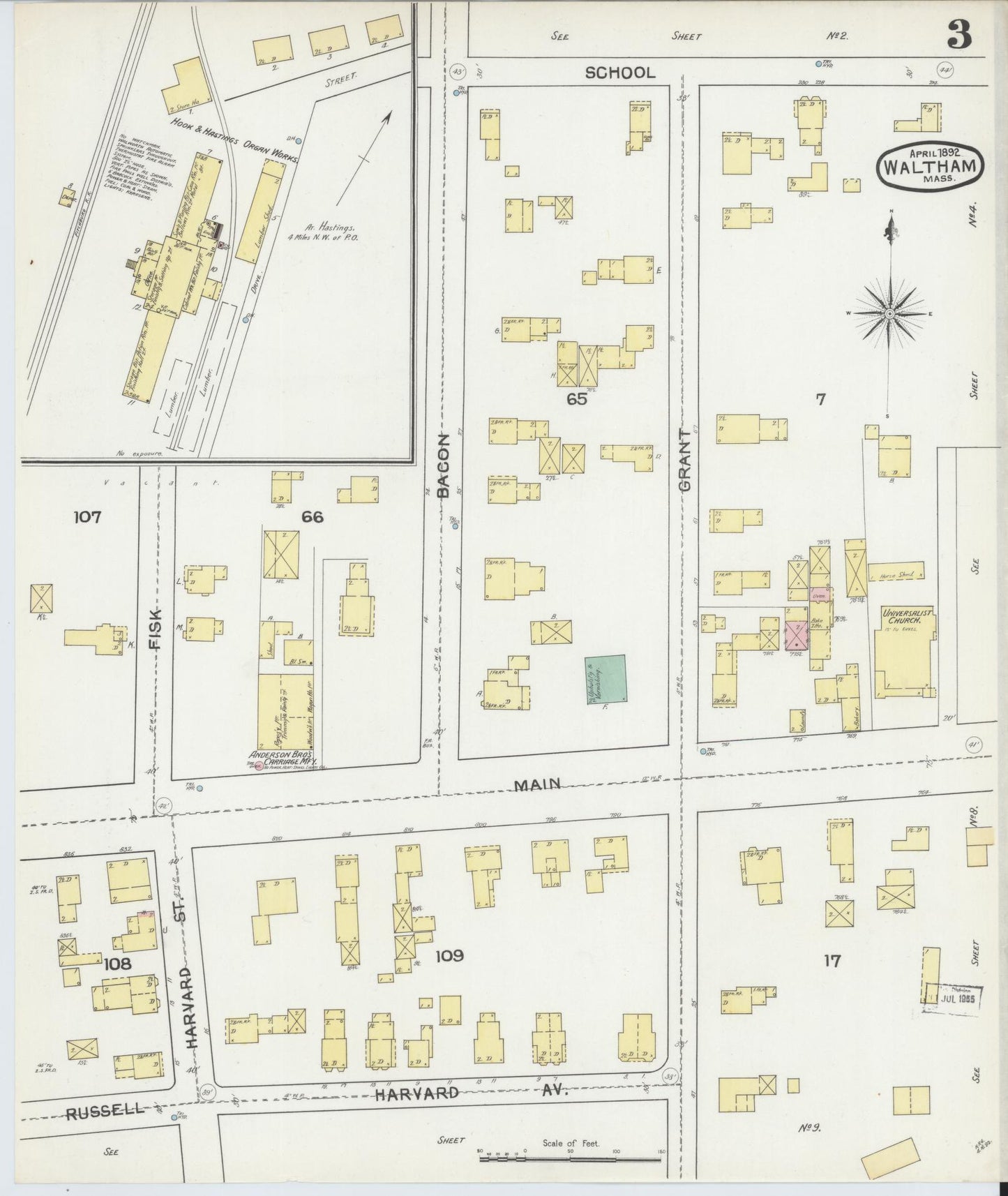 Sanborn Fire Insurance Map from Waltham, Middlesex County, Massachusetts (1892), Sheet #0003 - Historic Sanborn Fire Insurance Map Print, vintage old map wall art, antique decor, genealogy gift, Massachusetts Massachusetts map