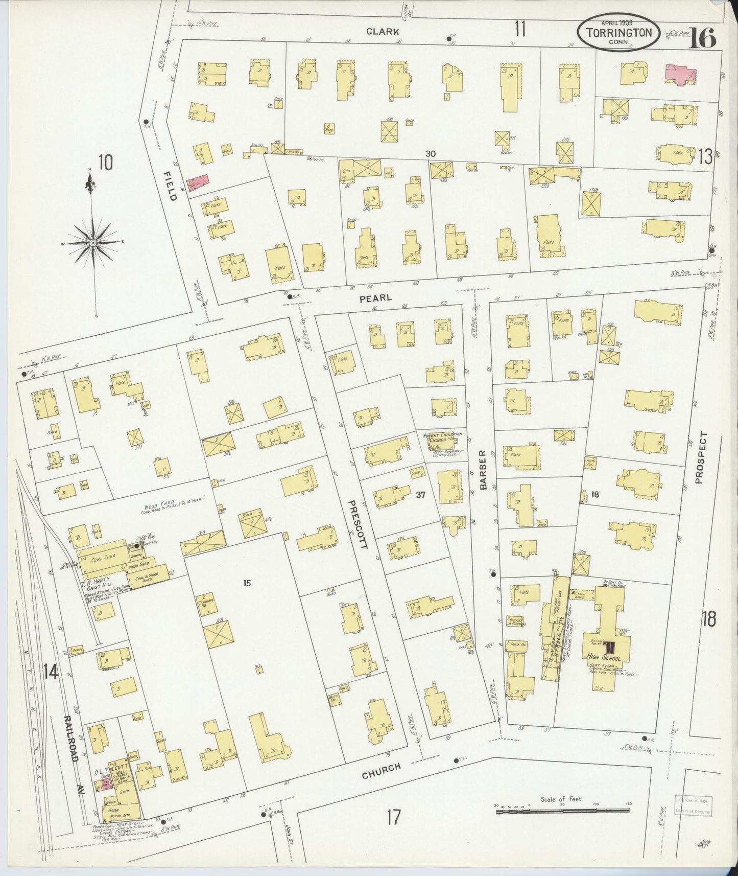 Sanborn Fire Insurance Map from Torrington, Litchfield County, Connecticut (1909), Sheet #0016 - Historic Sanborn Fire Insurance Map Print, vintage old map wall art, antique decor, genealogy gift, Connecticut Connecticut map