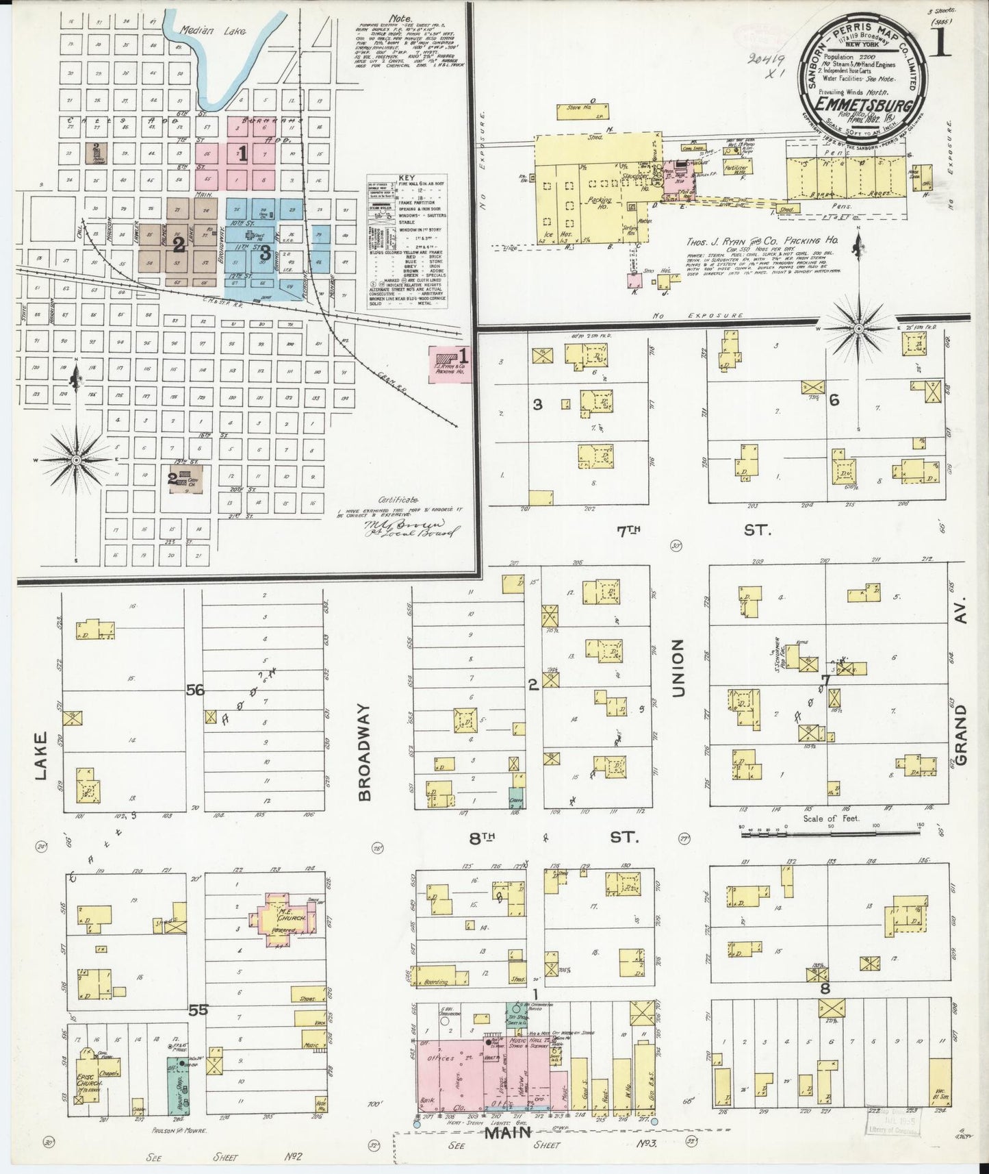 Sanborn Fire Insurance Map from Emmetsburg, Palo Alto County, Iowa (1892), Sheet #0001 - Historic Sanborn Fire Insurance Map Print, vintage old map wall art