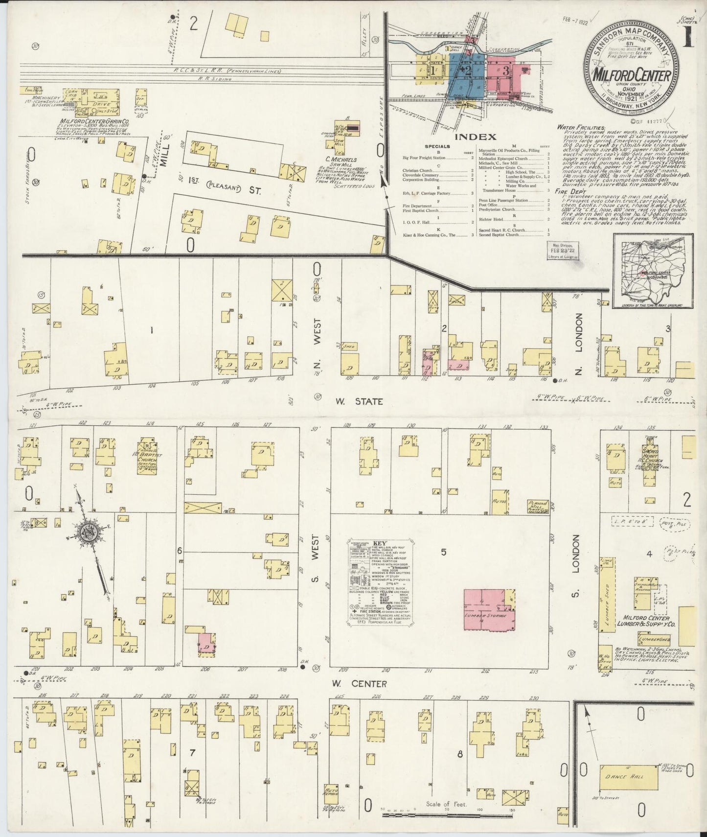 Sanborn Fire Insurance Map from Milford Center, Union County, Ohio (1921), Sheet #0001 - Historic Sanborn Fire Insurance Map Print, vintage old map wall art, antique decor, genealogy gift, Ohio Ohio map
