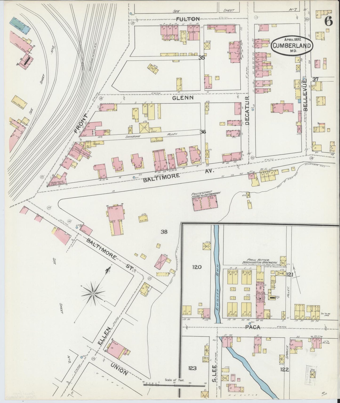Sanborn Fire Insurance Map from Cumberland, Allegany County, Maryland (1892), Sheet #0006 - Historic Sanborn Fire Insurance Map Print, vintage old map wall art, antique decor, genealogy gift, Maryland Maryland map