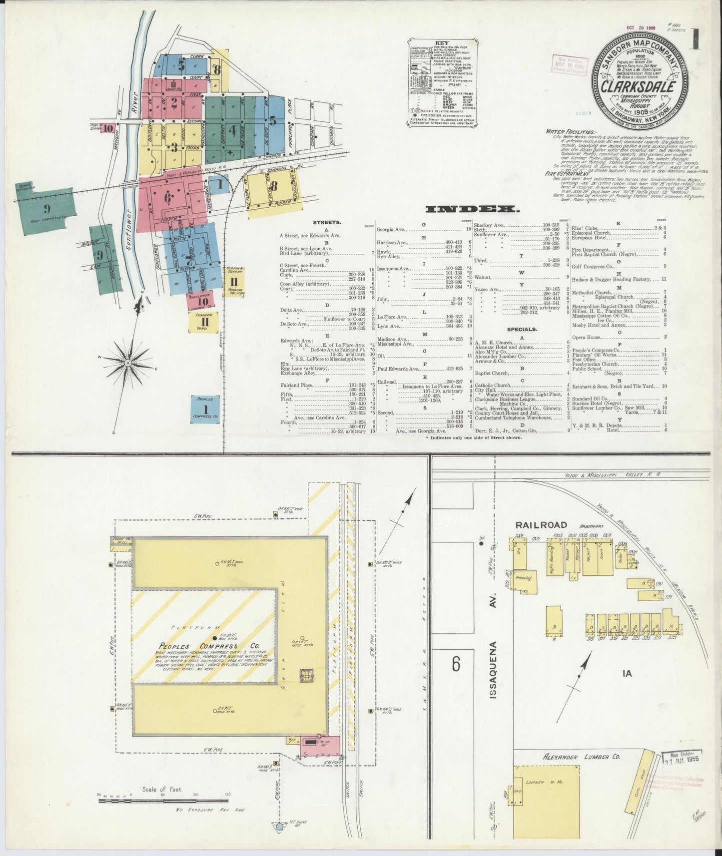 Sanborn Fire Insurance Map from Clarksdale, Coahoma County, Mississippi (1909), Sheet #0001 - Historic Sanborn Fire Insurance Map Print, vintage old map wall art, antique decor, genealogy gift, Mississippi Mississippi map