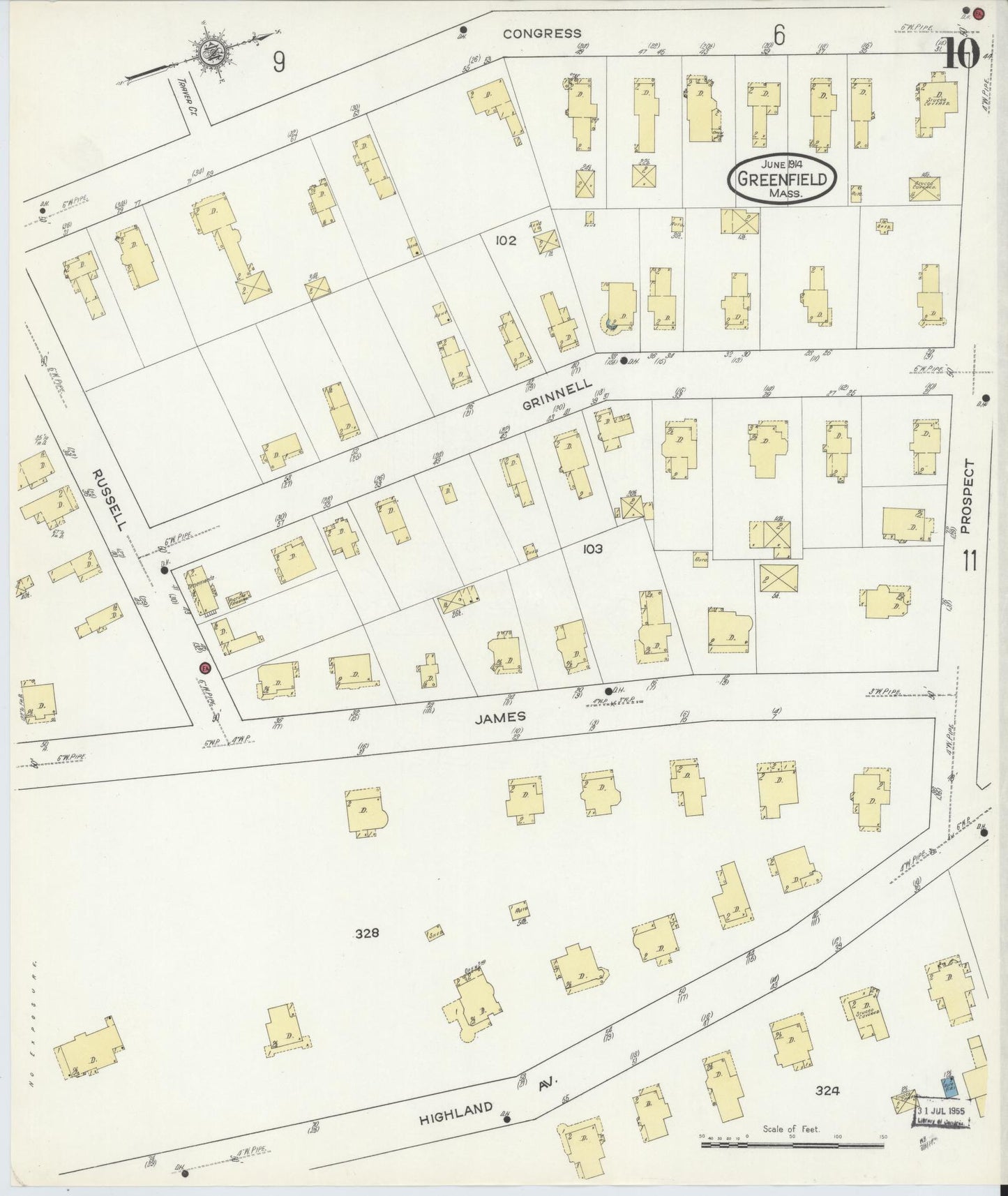 Sanborn Fire Insurance Map from Greenfield, Franklin County, Massachusetts (1914), Sheet #0010 - Historic Sanborn Fire Insurance Map Print, vintage old map wall art, antique decor, genealogy gift, Massachusetts Massachusetts map