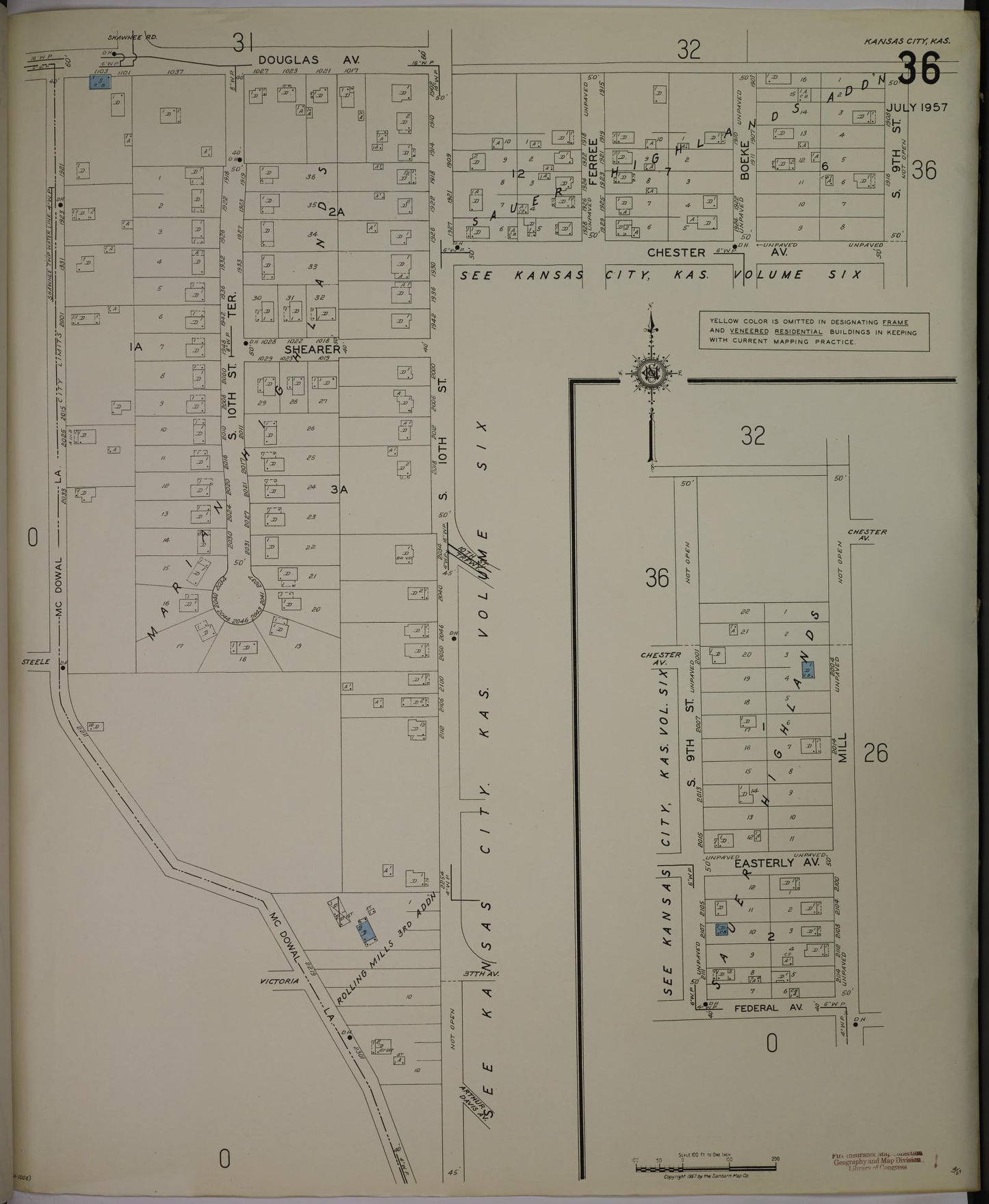 Sanborn Fire Insurance Map from Kansas City, Wyandotte County, Kansas (1957), Sheet #0036 - Complete Map Set gallery image, historic Sanborn map, vintage wall art, Kansas Kansas