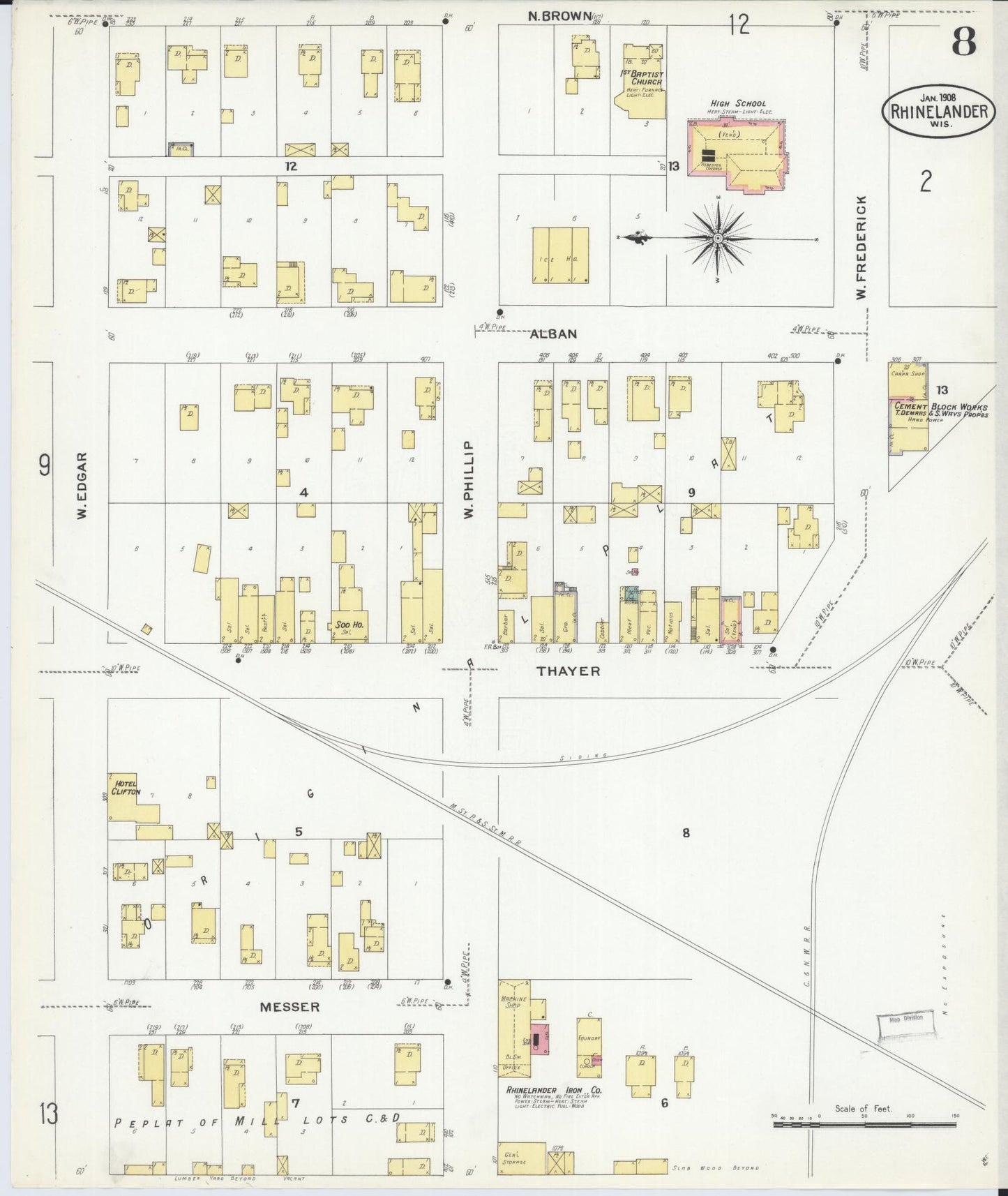 Sanborn Fire Insurance Map from Rhinelander, Oneida County, Wisconsin (1908), Sheet #0008 - Historic Sanborn Fire Insurance Map Print, vintage old map wall art, antique decor, genealogy gift, Wisconsin Wisconsin map