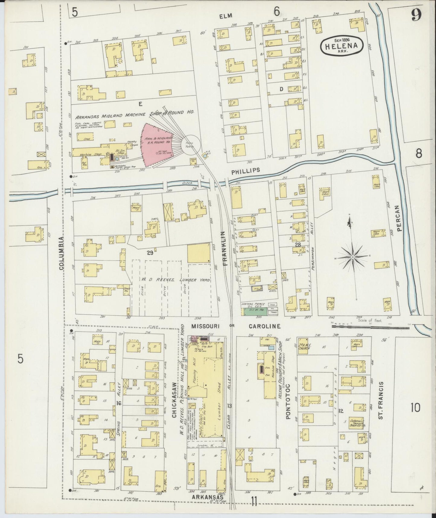 Sanborn Fire Insurance Map from Helena, Phillips County, Arkansas (1896), Sheet #0009 - Historic Sanborn Fire Insurance Map Print, vintage old map wall art, antique decor, genealogy gift, Arkansas Arkansas map
