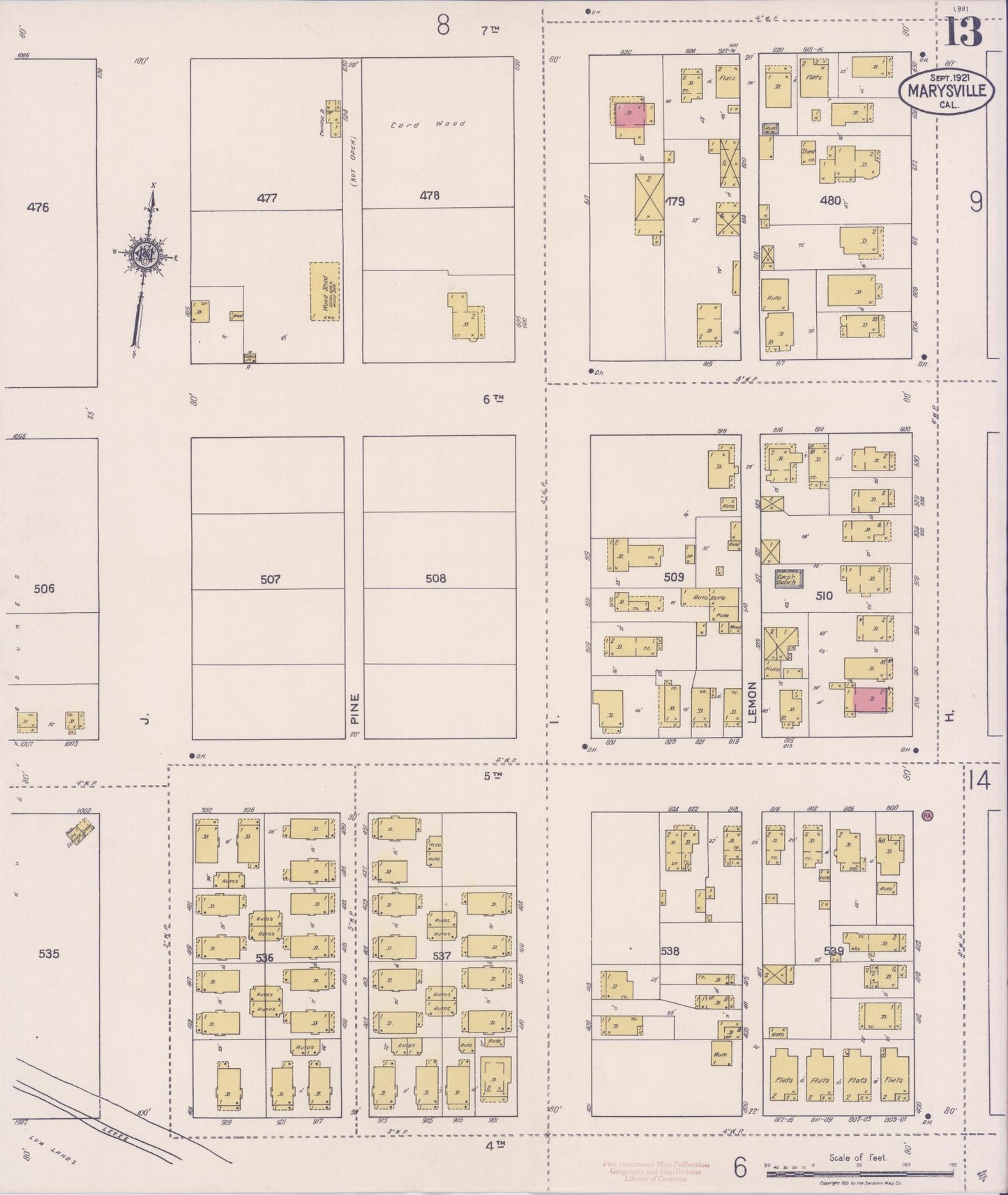 Sanborn Fire Insurance Map from Marysville, Yuba County, California (1921), Sheet #0013 - Historic Sanborn Fire Insurance Map Print, vintage old map wall art, antique decor, genealogy gift, California California map